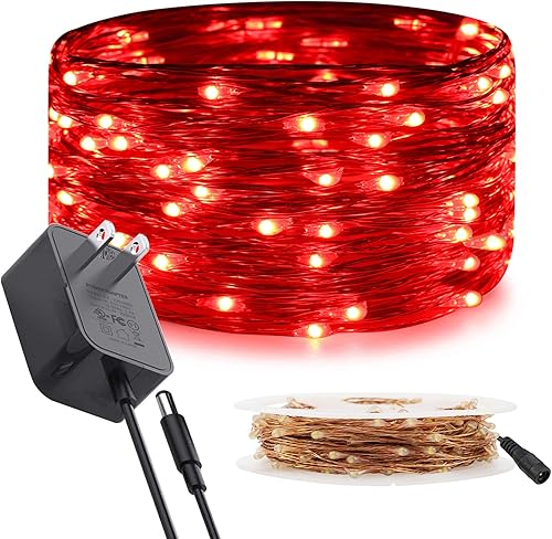 RUICHEN Guirnalda de luces LED con cable de cobre de 33 pies, 100 luces LED con carrete, color rojo