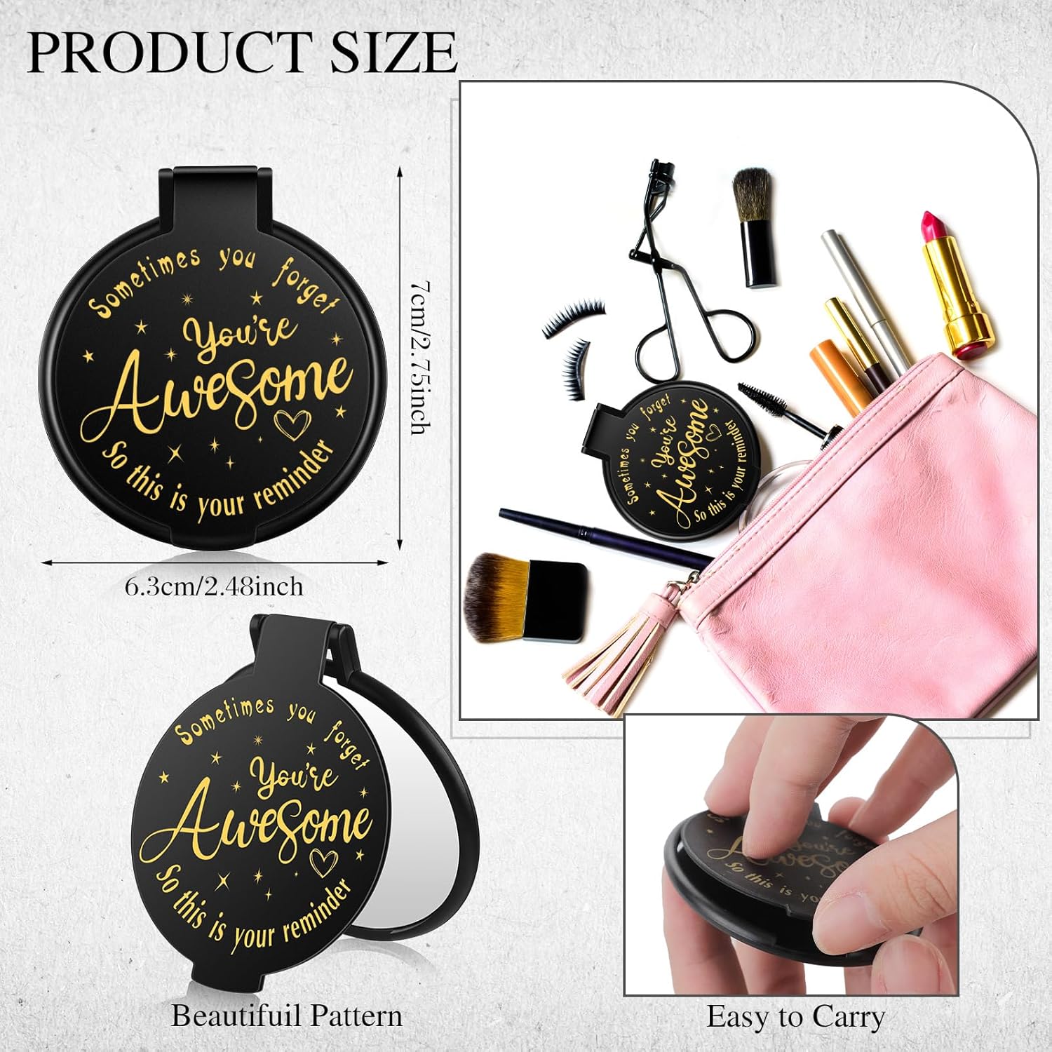 Huwena 100 Pcs Black Pocket Compact Mirror Bulk with Positive Saying, Inspirational Gifts for Women, Sometimes You Forget You are Awesome, Small Bulk Gifts for Christian, Guest, Christmas, Birthday