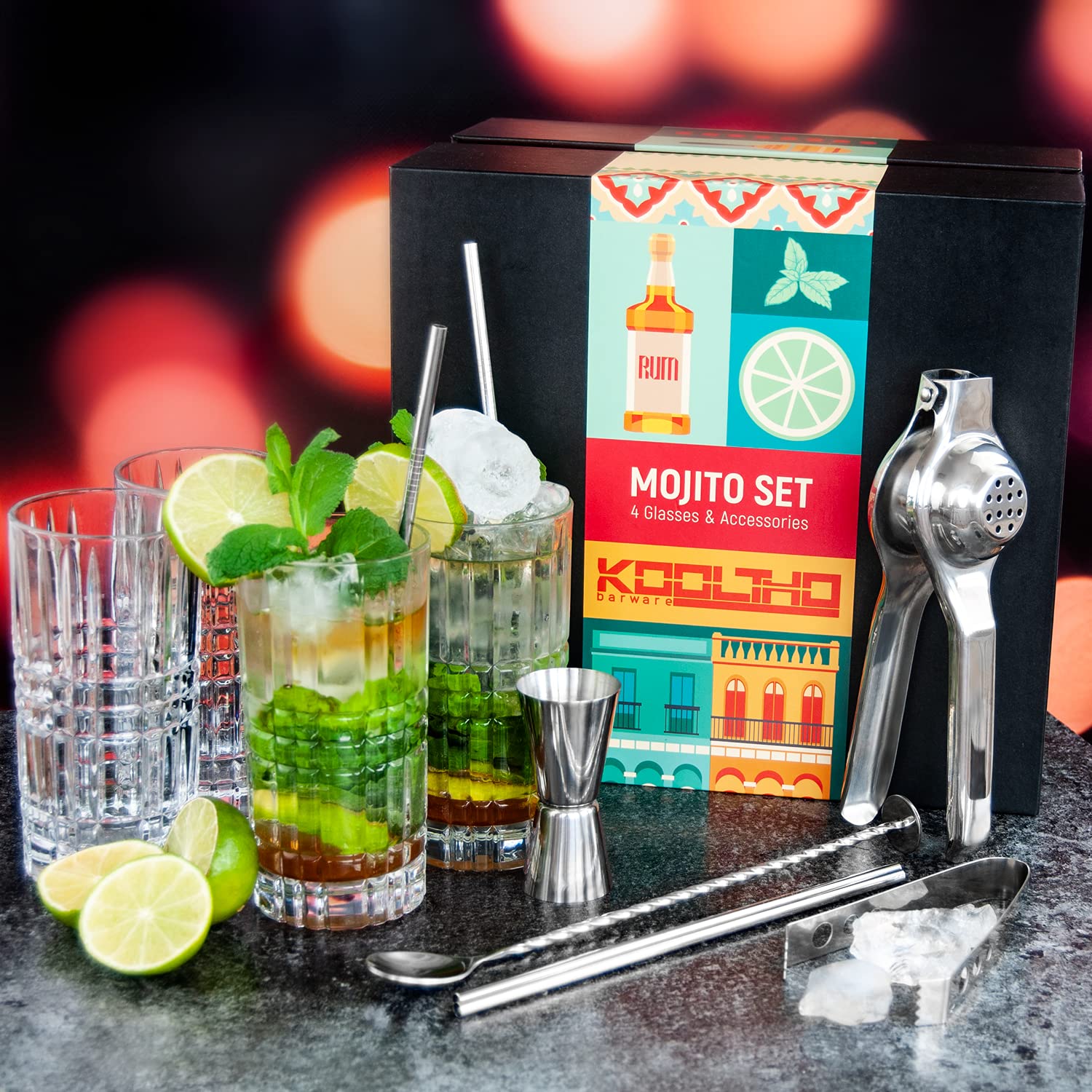 Mojito Gläser Set Cocktail Geschenkset, Geschenk Cocktails Glas 4er Sets Zubehör Zitronenpresse, 4 Strohhalme Edelstahl Messbecher Löffel Geschenkbox, Geschenke für Frauen Männer
