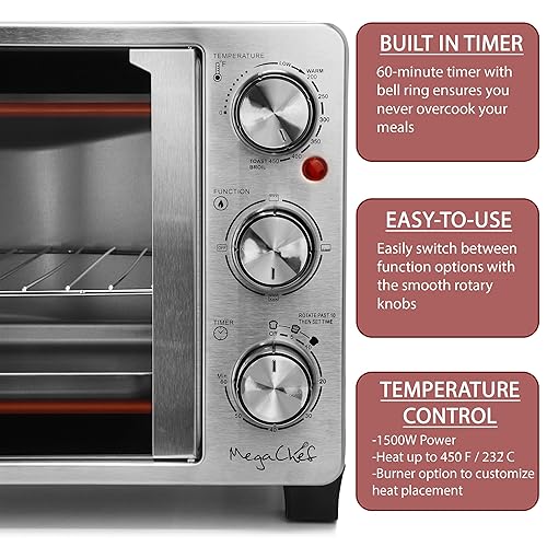 Miniatura 6 de MegaChef Horno Tostador Eléctrico Multifunción de Acero Inoxidable con Puerta Francesa de 26.4 Cuartos con Control de Temperatura y Temporizador