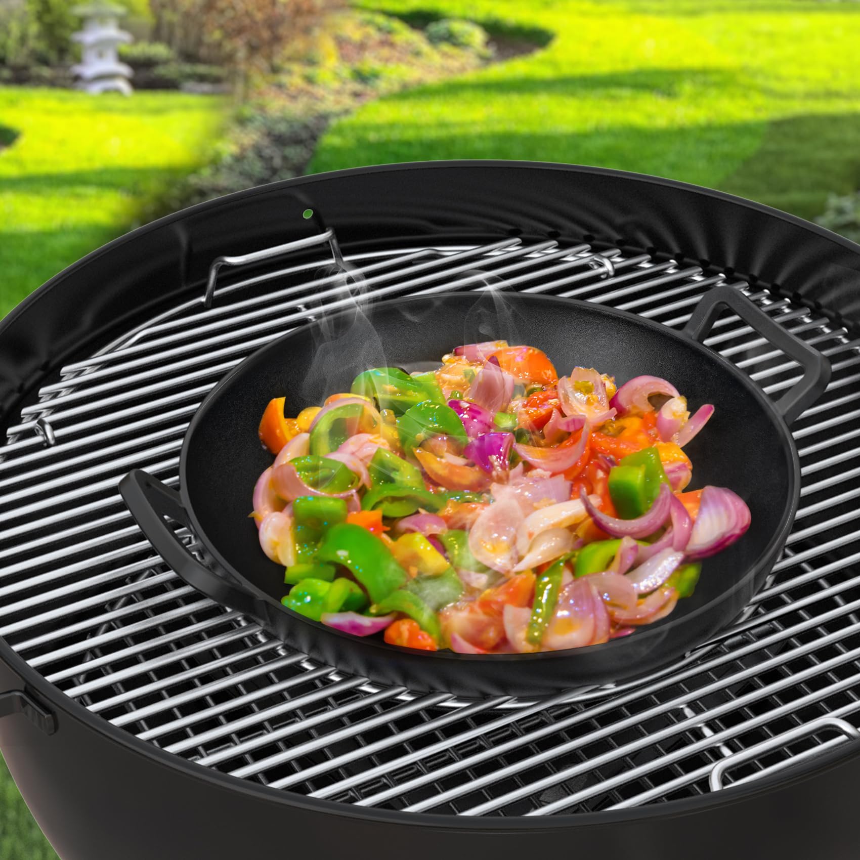 Skyflame Wok de hierro fundido de 14 pulgadas con asas, compatible con el sistema de barbacoa Weber Gourmet y el sistema Spirit II y Genesis II GS4, sartén antiadherente pre-sazonada para parrilla,
