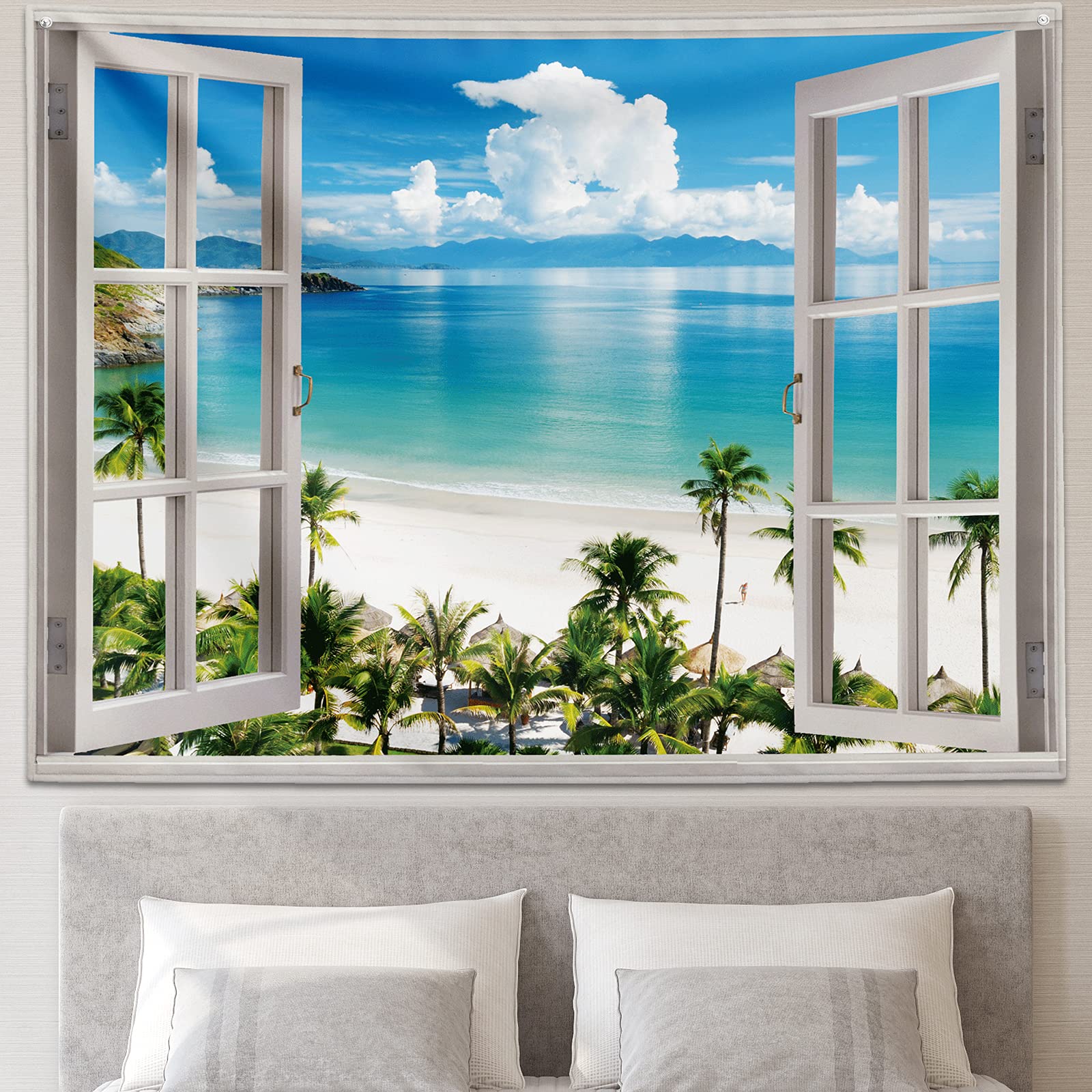 GOURIDA Beach Tapestry,Blue Ocean Sea Tropical Island Palm Tree Scenic View from Balcony Summer Scenery Tapestry Wall Hanging Nature for Bedroom
