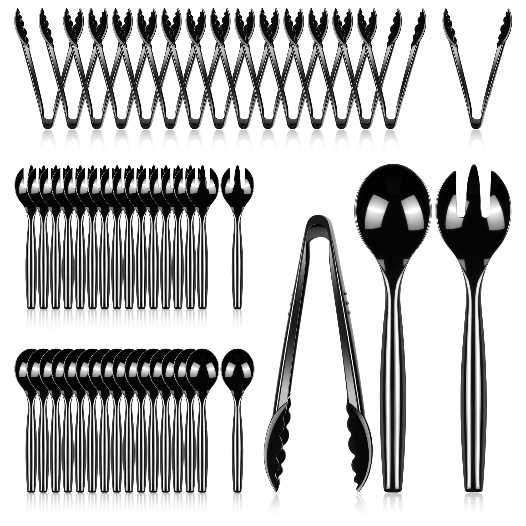 Dualshine 48 Pcs Disposable Black Plastic Serving Utensils,16 Set Including 10" Plastic Serving Spoons, Forks and 9" Tongs for Dinner Parties, Buffets