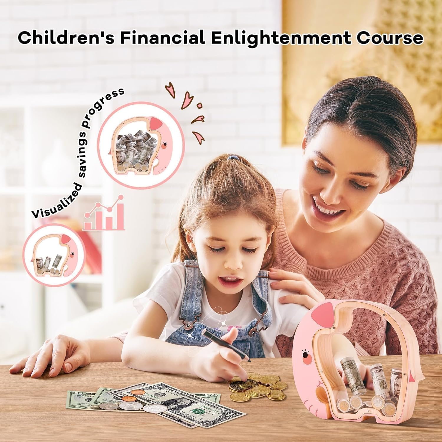 Wooden Pink Elephant Piggy Bank for Kids, Unbreakable Pink Coin Bank for Kids with Letter Sticker, Wooden Cashbox Money Bank Birthday Gifts for Girls, Educational Toy for Girls, Boys
