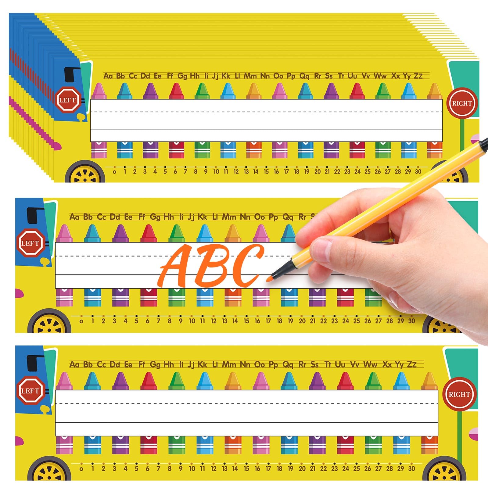AmazingSpark 60 Pcs Desk Name Tags Plates for Classroom Nameplates for Classroom Desk with Alphabet, Number Line, Traditional Manuscript Name Plate for School Student