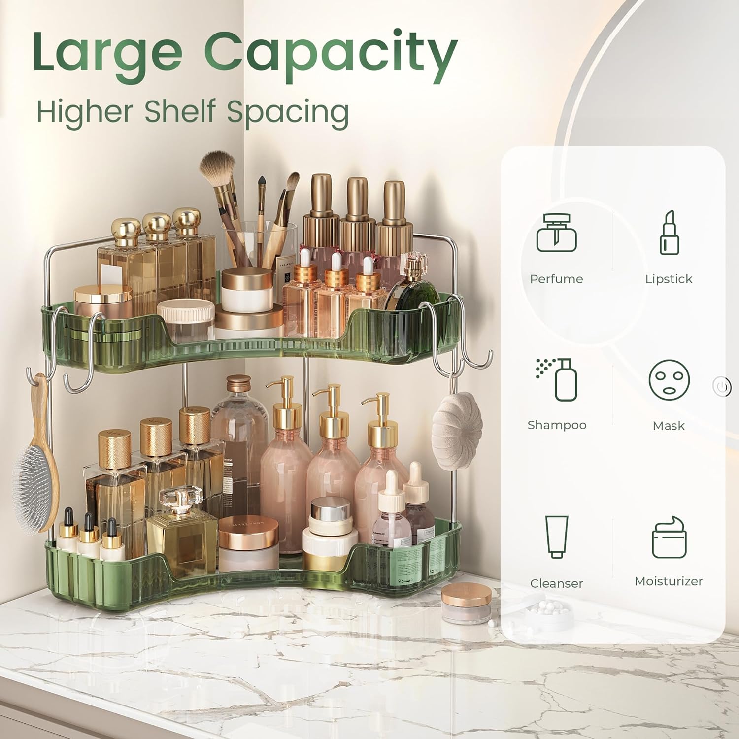 Corner Counter Organizer, 2-Tier Bathroom & Kitchen Storage Tray with Hooks | PET Green Vanity Organizer for Skincare, Makeup & Jewelry