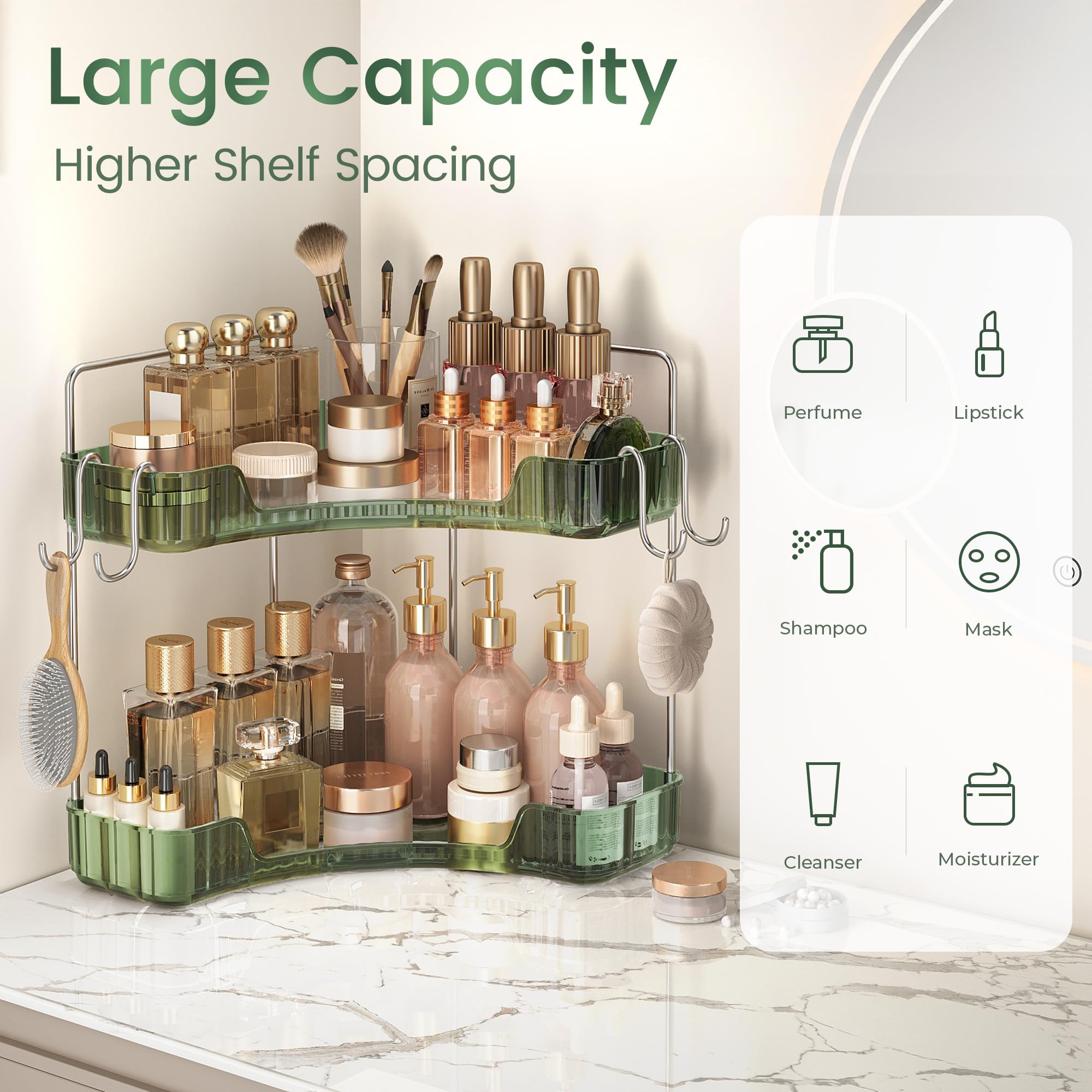 Kinkota 2-Tier Makeup Organizer For Vanity | Bathroom Countertop Storage With Hooks, Corner Design (Green) - View #2