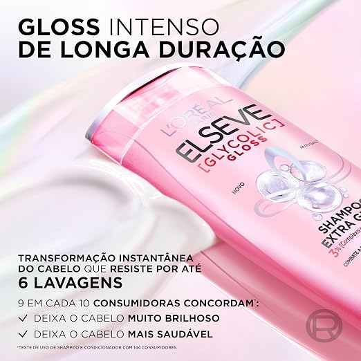 Frasco de Shampoo Extra Gloss Elseve Glycolic Gloss com informações sobre brilho de longa duração