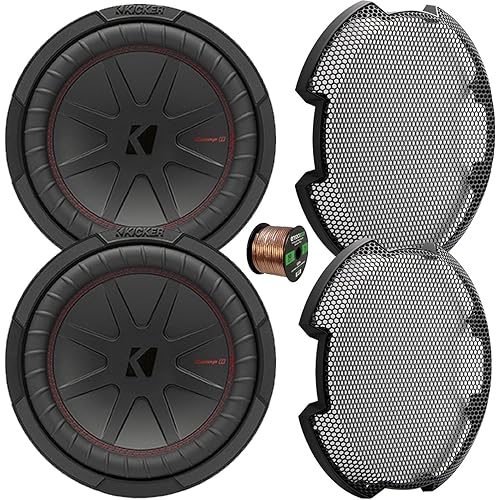 KICKER 48CWR104 CompR 10" 800 Watts Max Power 4-Ohm Car Audio Subwoofer (Pair) Bundle Combo 10" Round Steel Mesh Subwoofer Grille with 50 Feet 16 Gauge Speaker Wire