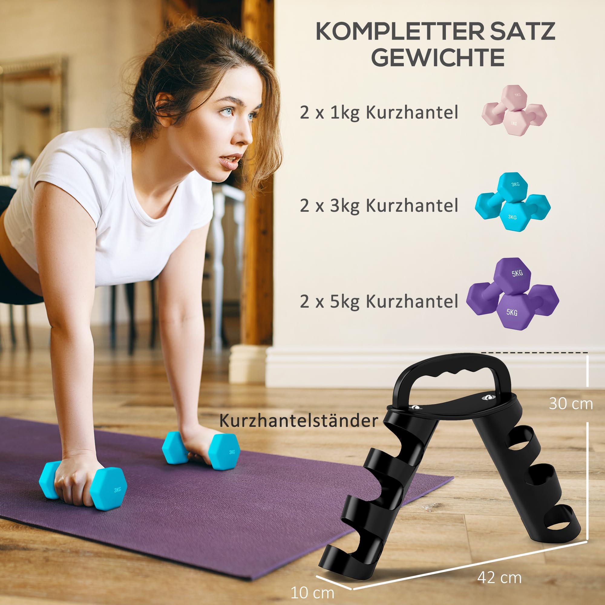 SPORTNOW Set de mancuernas con soporte, 6 pesas, Rosa | Par de pesas, equipo de entrenamiento fitness para casa