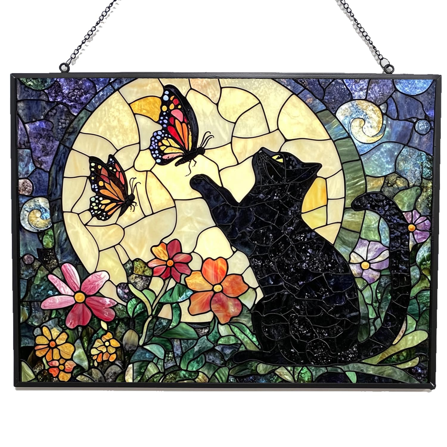 365CUSGIFTS Rectangle Whimsical Black Cat and Butterfly Suncatcher Indoor/Outdoor Stained Glass Window Hanging Handmade Suncatchers Home Decor Garden