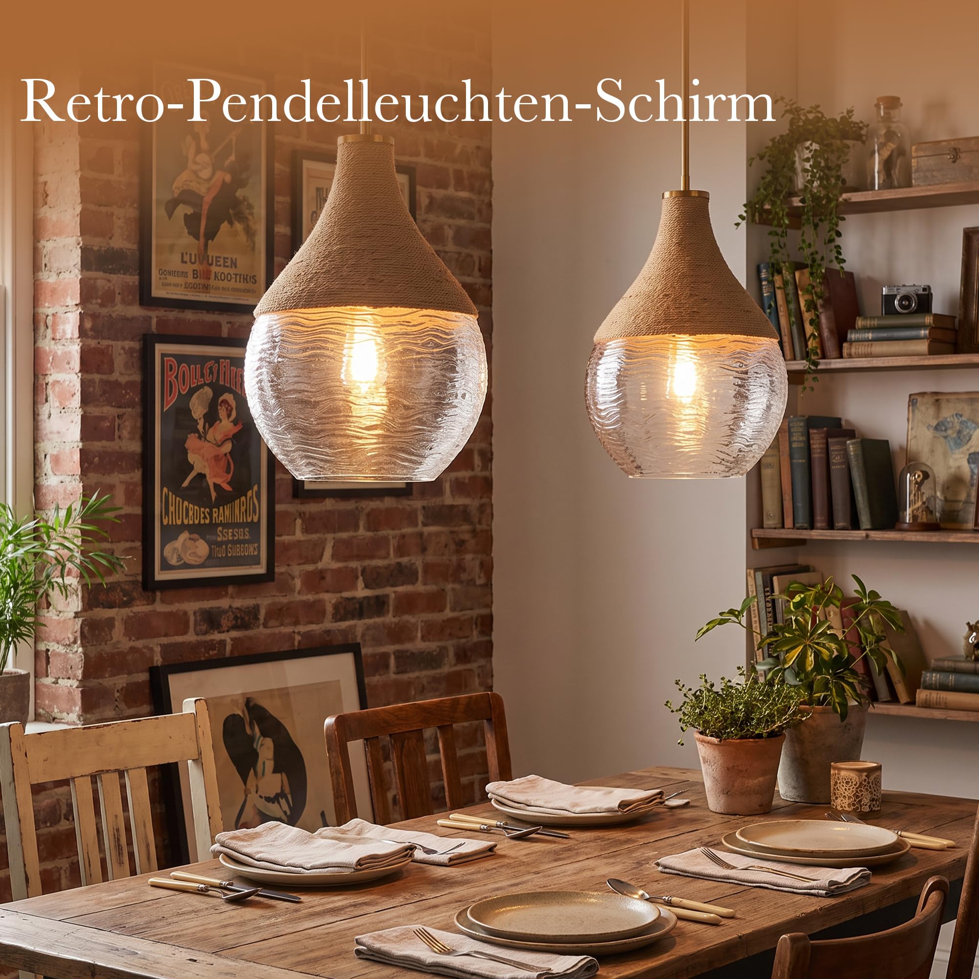 Parrot Uncle Glas Pendelleuchenschirm mit Hanfseil,33cm Durchmesser Vintage Deckenlampe,höhenverstellbar,E27 Sockel,Boho Pendelleuchte für Schlafzimmer Wohnzimmer (Leuchtmittel nicht enthalten)