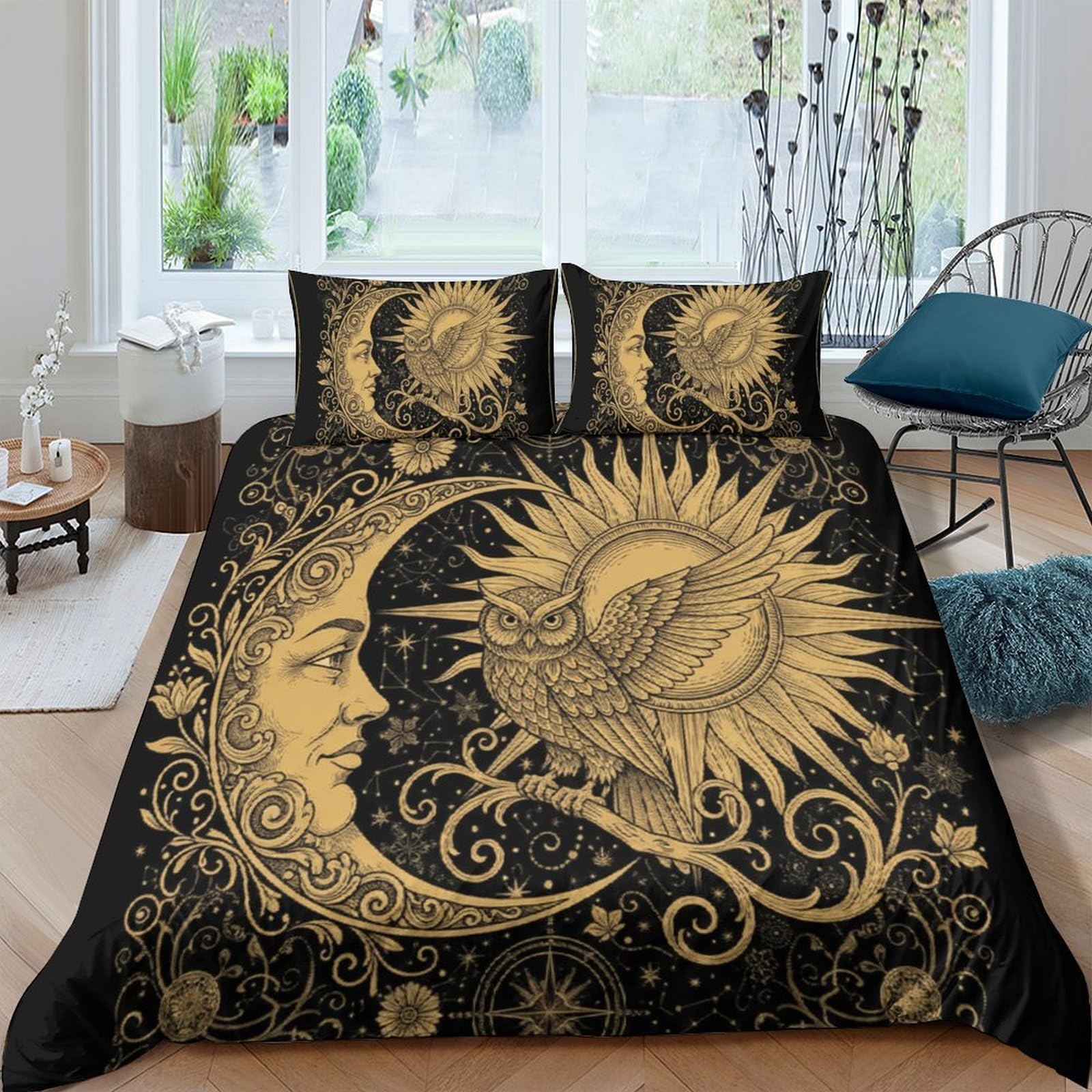 Ctjqhvkz Style-7 3D Printed Sun Moon Fitted Sheet Microfiber Black Gold Celestial Bed Cover Non-Slip Machine Washable For Bedroom Home Single（135X200cm）