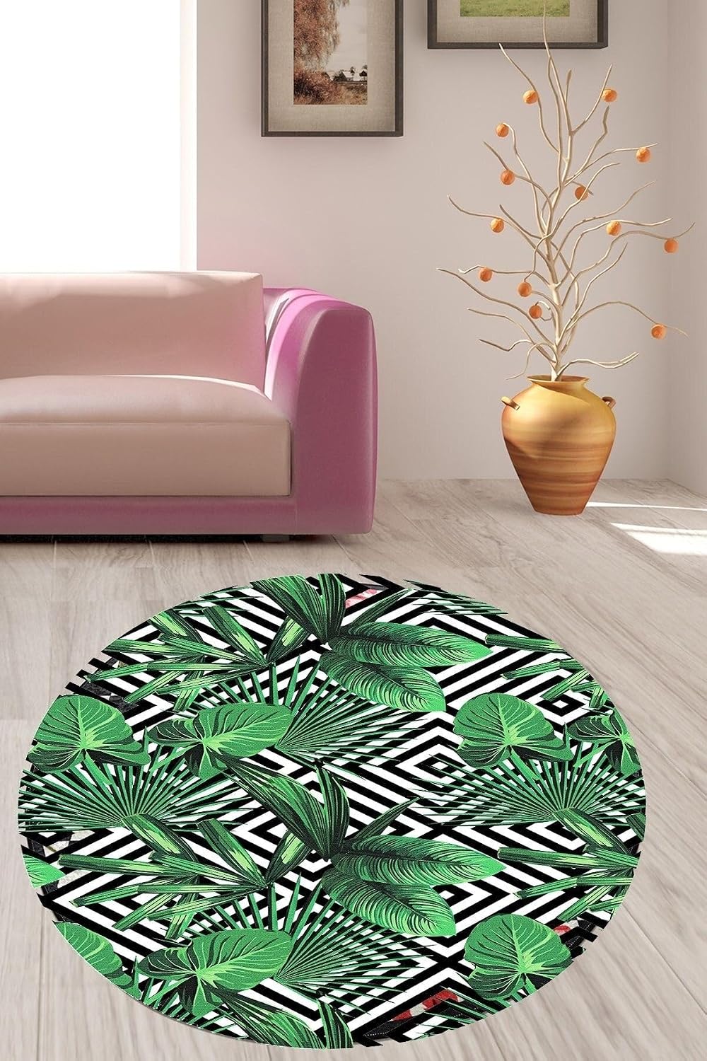 Pelangi Yeşil Yaprak Desenli Dijital Yıkanabilir Tropikal Desenli Modern Yuvarlak Salon Ve Hol Halısı, Yeşil 120 x 120