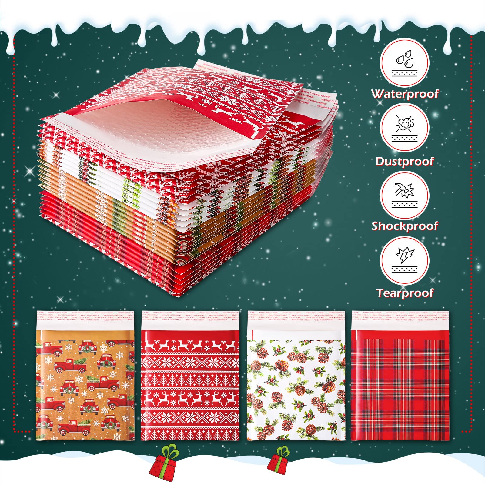 60 sobres de burbujas de Navidad de 8.3 x 9.3 pulgadas, sobres acolchados de Navidad, bolsas de envío autoadhesivas, sobres de correo de vacaciones, impermeables y a prueba de desgarros, bolsas