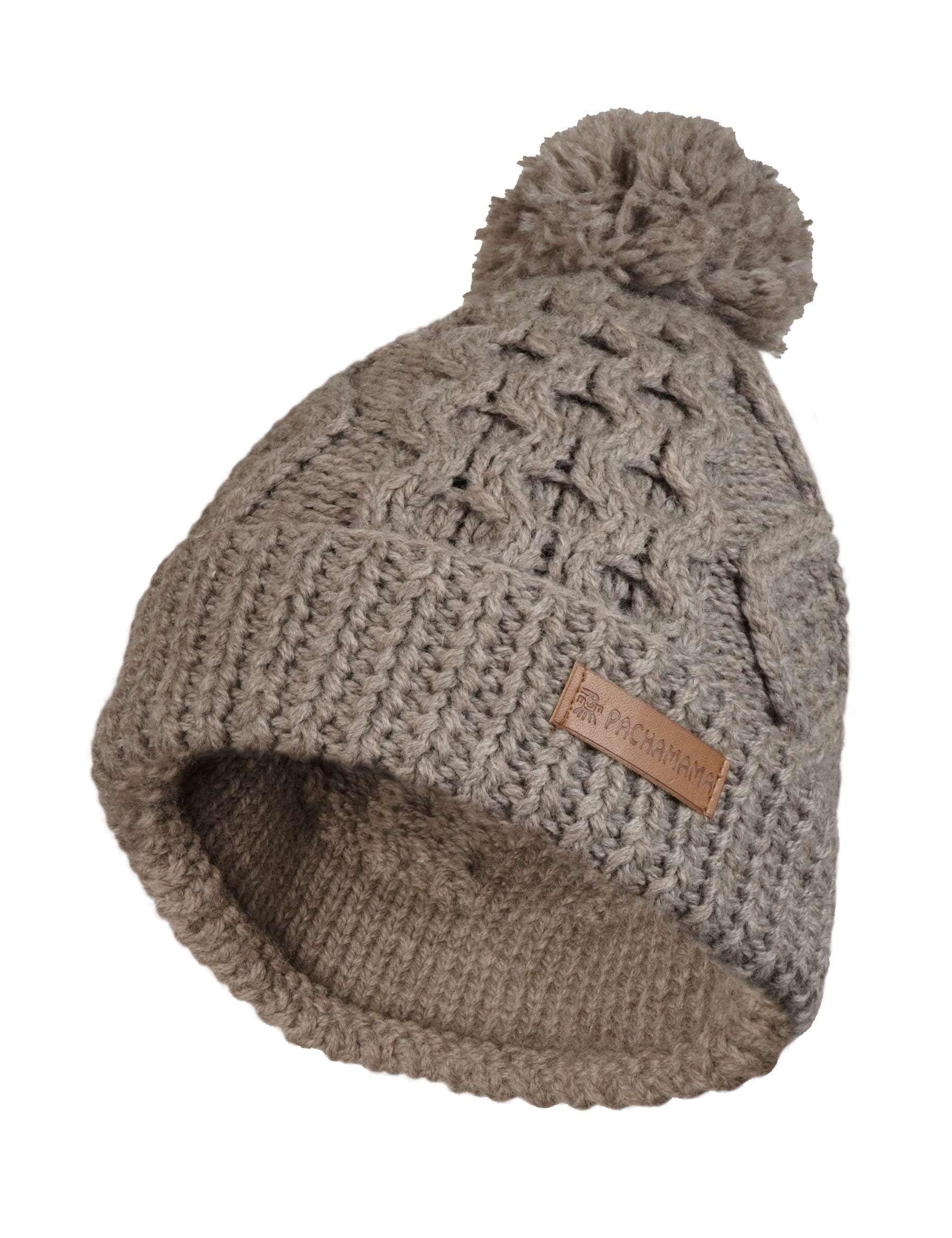 Pachamama Women 100% Pure Fine Merino Wool Beanie Bobble Hat Handknitted Cable Pattern Plain One-Size Handmade Soft Warm Breathable Moisture Wicking Fair Trade (UK, Alpha, One Size, Mushroom)