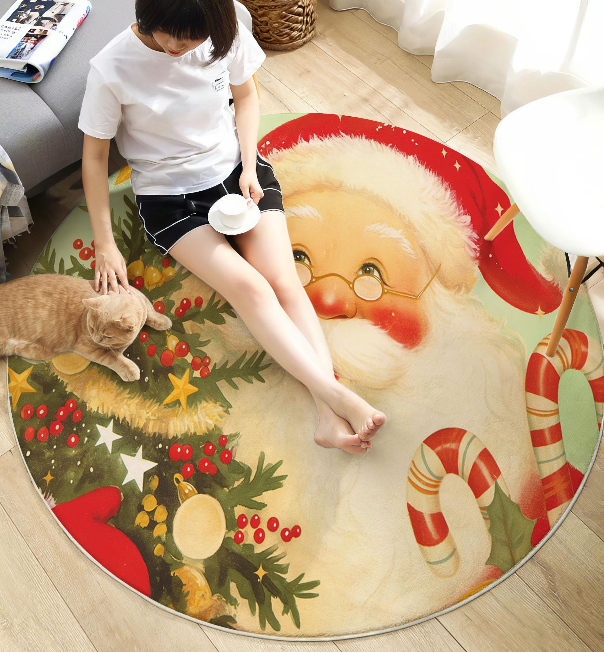 Tapis De Noël Rond, Motif Père Noël Mignon Illustration À L'Aquarelle Tapis De Salon Vert Sauge Doux Paillasson Antidérapant pour Salle À Manger Canapé Chambre d'enfant Fête, Diamètre 160 Cm