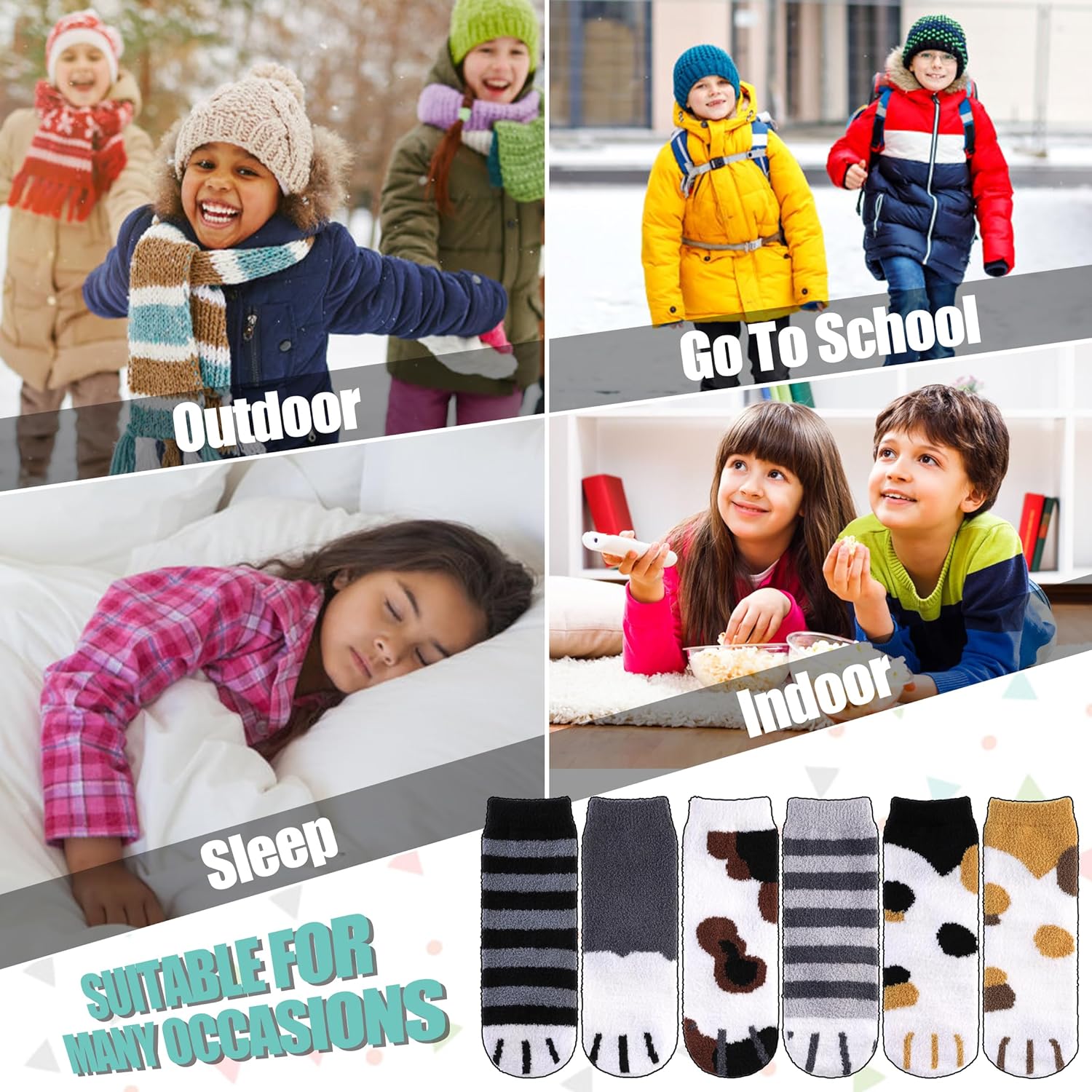 LINEMIN Kids Fuzzy Socks Boys Girls with Grips Non Slip Slipper Socks Cozy Fluffy Winter Warm Crew Socks 6 Pairs - Image 6