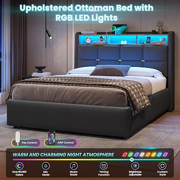 DICTAC Double Ottoman Bed Frame with Hydraulic Storage,Charging Station and Led Lights 4ft6 Upholstered Platform Bed Frame with Storage Headboard,Sturdy Wood Slats,Grey-135x190 cm(No Mattress)