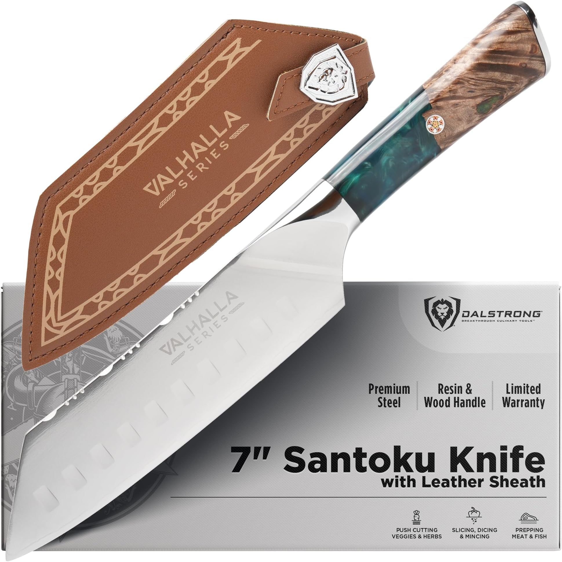 Santoku Knife - 7 inch - Valhalla Series - 9CR18MOV High Carbon Steel - Vegetable Knife - Celestial Resin & Wood Handle - Asian Cooking Knife - Premium Kitchen Knife Gift- w/Leather Sheath