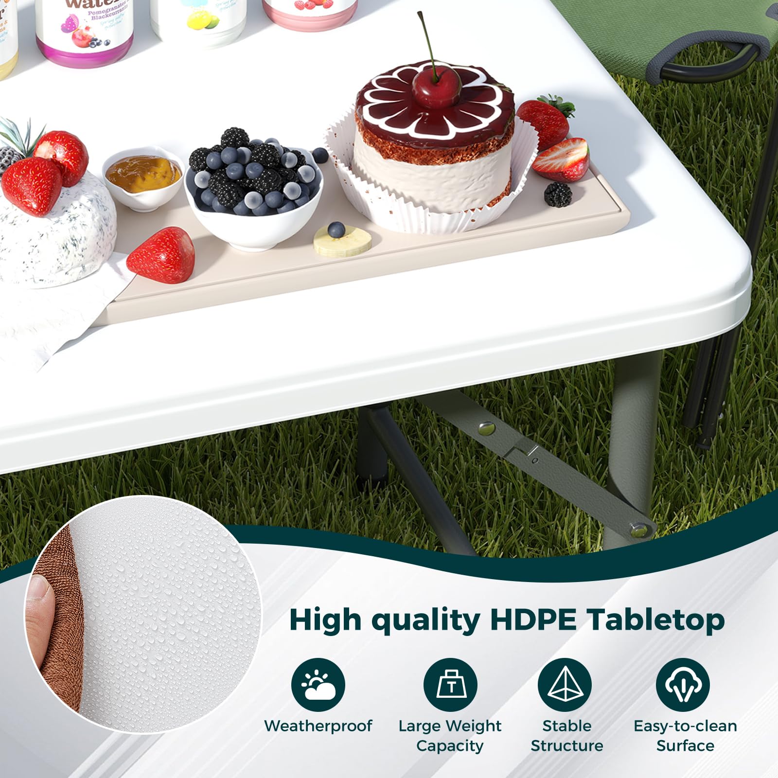 KOMFOTTEU Tavolo Pieghevole Regolabile in Altezza，122 x 61 x 50/62/74 cm | Tavolo da Campeggio, Picnic Richiudibile e Portatile con Maniglia di Trasporto, in HDPE, Telaio in Ferro, Bianco