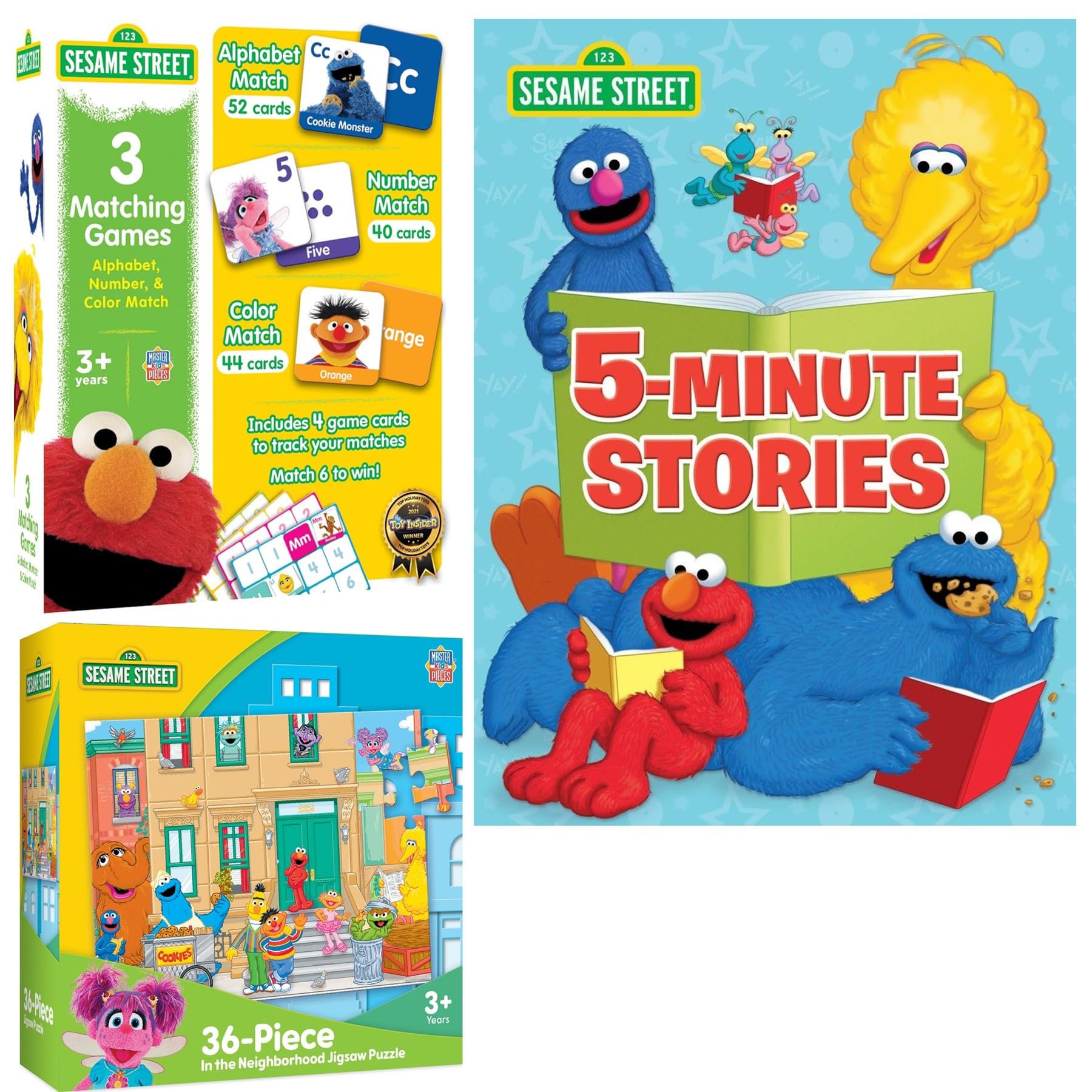 Sesame Street Toys Gift Set with Hardcover of 19 5-Minute Stories, In The Neighborhood Puzzle, and 3 Ways to Play Matching Game (Early Learning About
