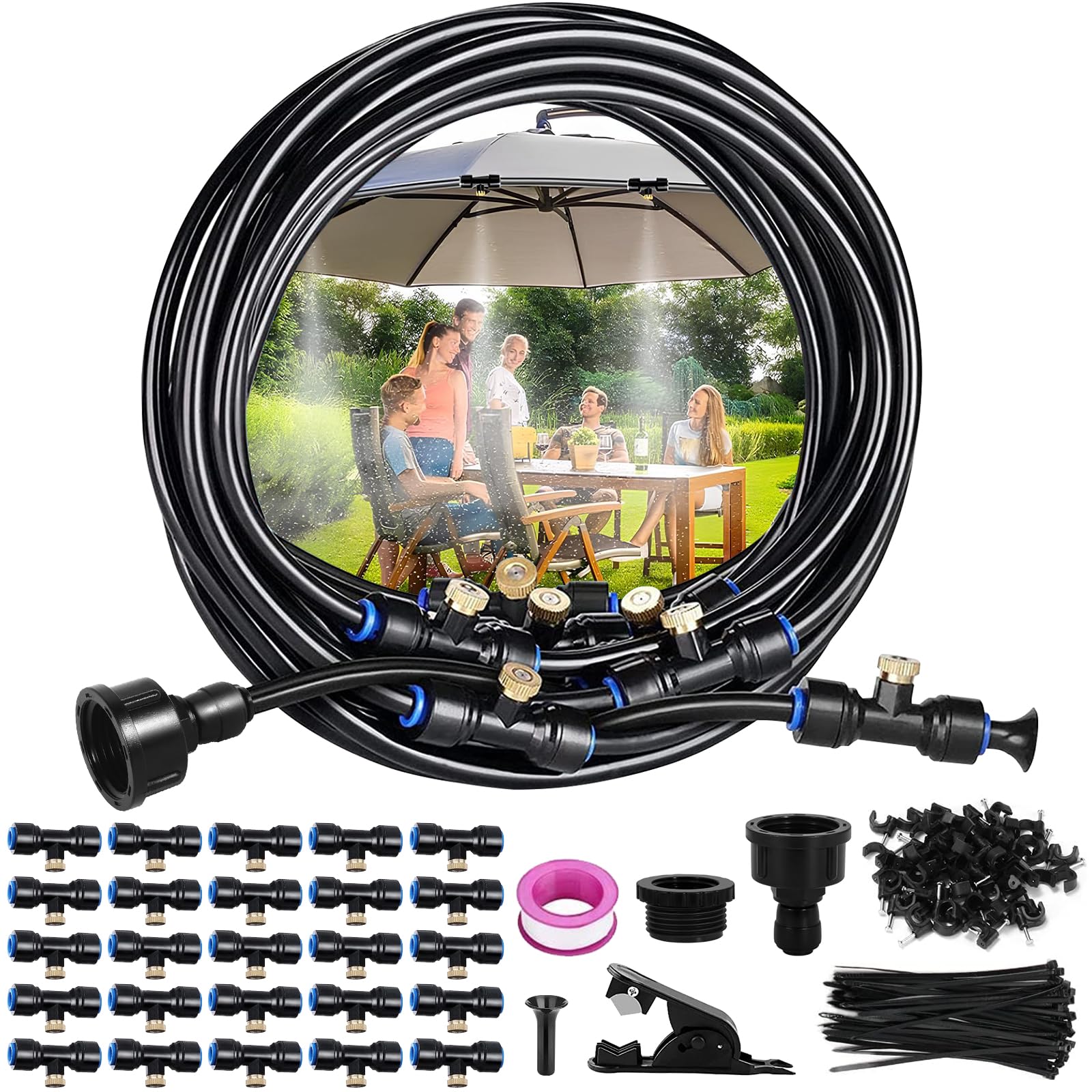 18M Sprühnebel Kühlung Bewässerungs System, 106Pcs Sprühnebel Kühlung Set, Kühlnebelsystem im Freien, Geeignet für Veranstaltungen im Freien, Gärten, Terrassen, Sonnenschirme und Dach