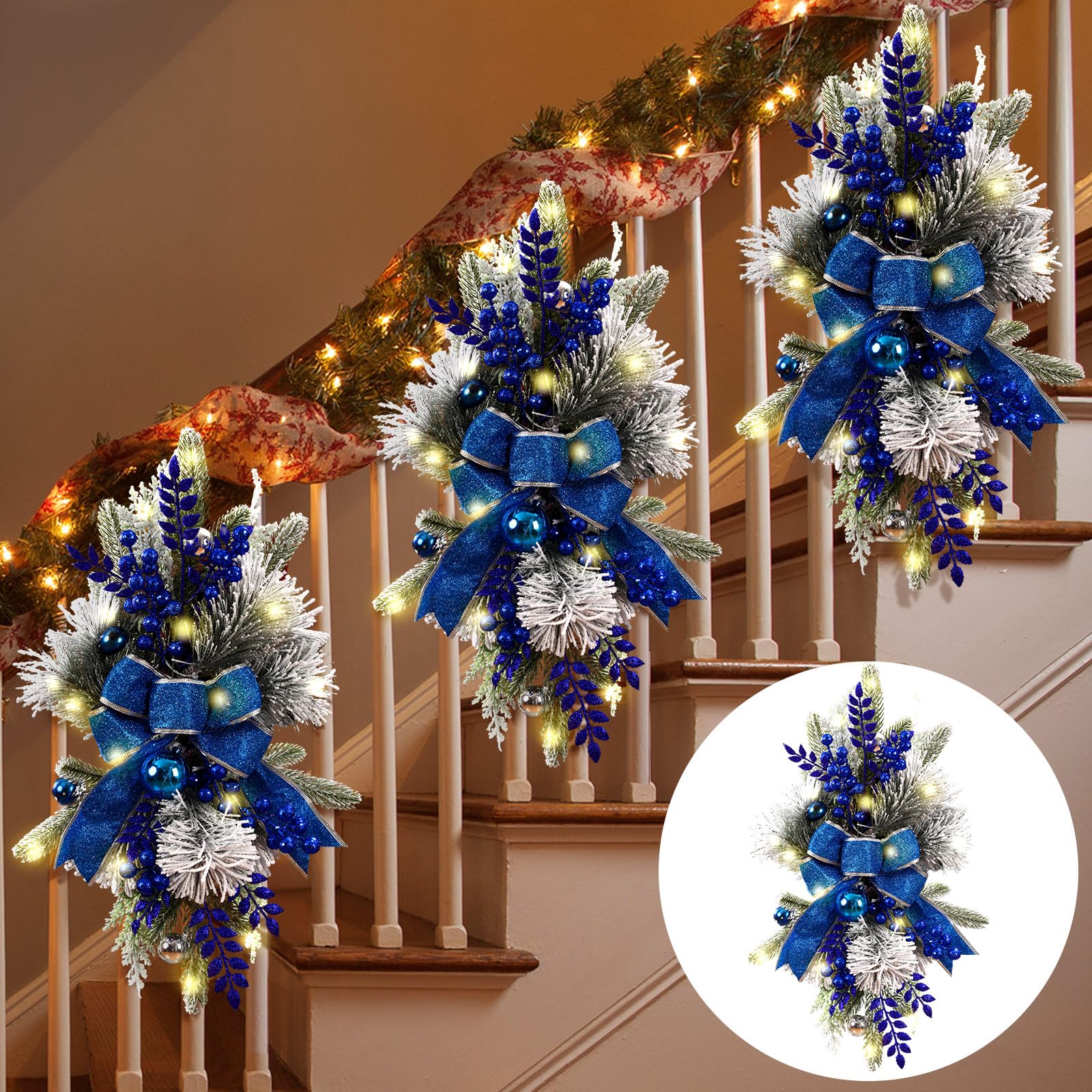 Guirlande artificielle de Noël lot de 3 avec lumières LED bleu délicat de 61 cm