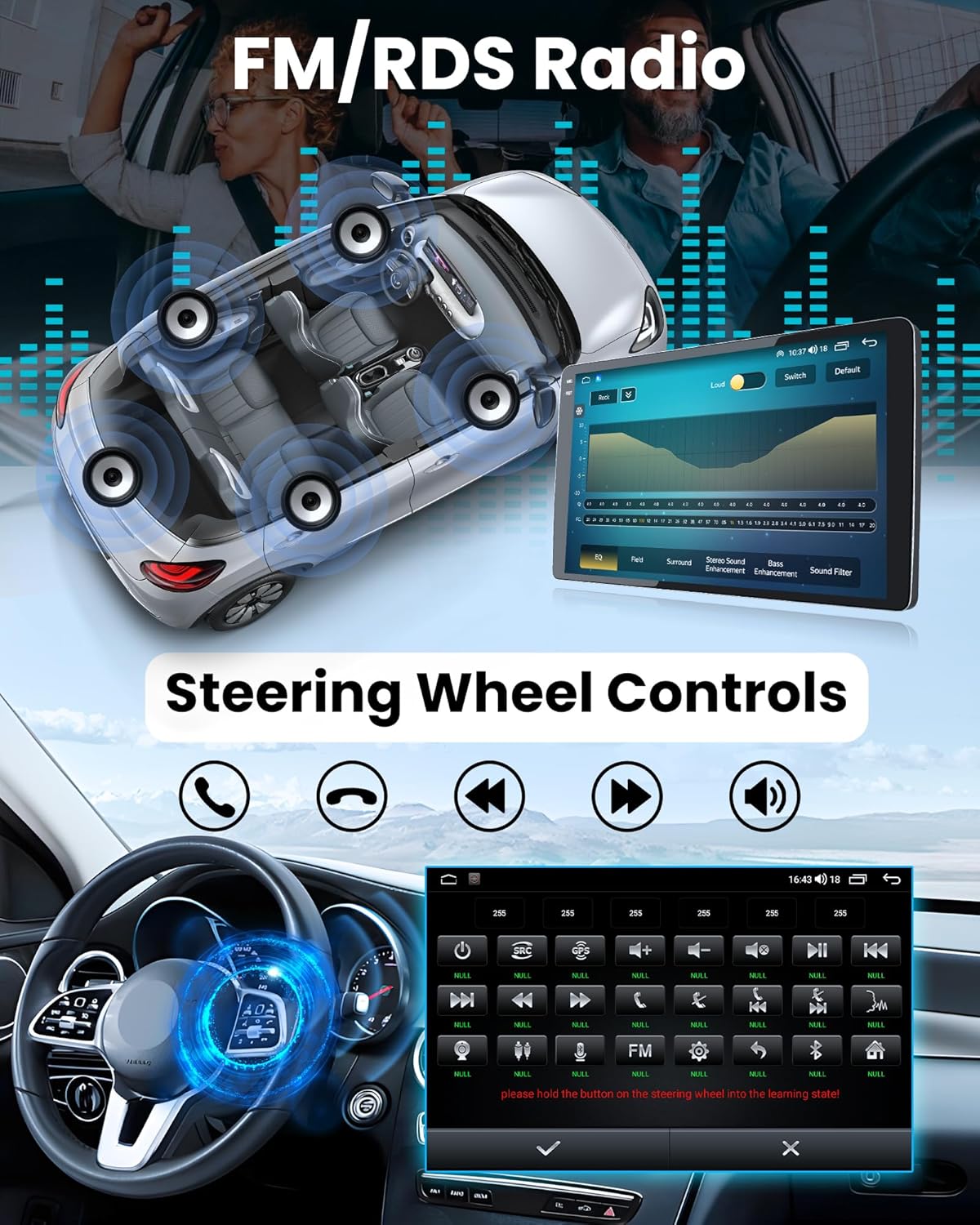 Car stereo screen showing FM/RDS radio interface and steering wheel control settings.
