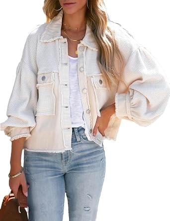 Womens Cropped Waffle Knit Shirt Jacket Long Sleeve Button Down Boyfriend Shacket Jacket Tops