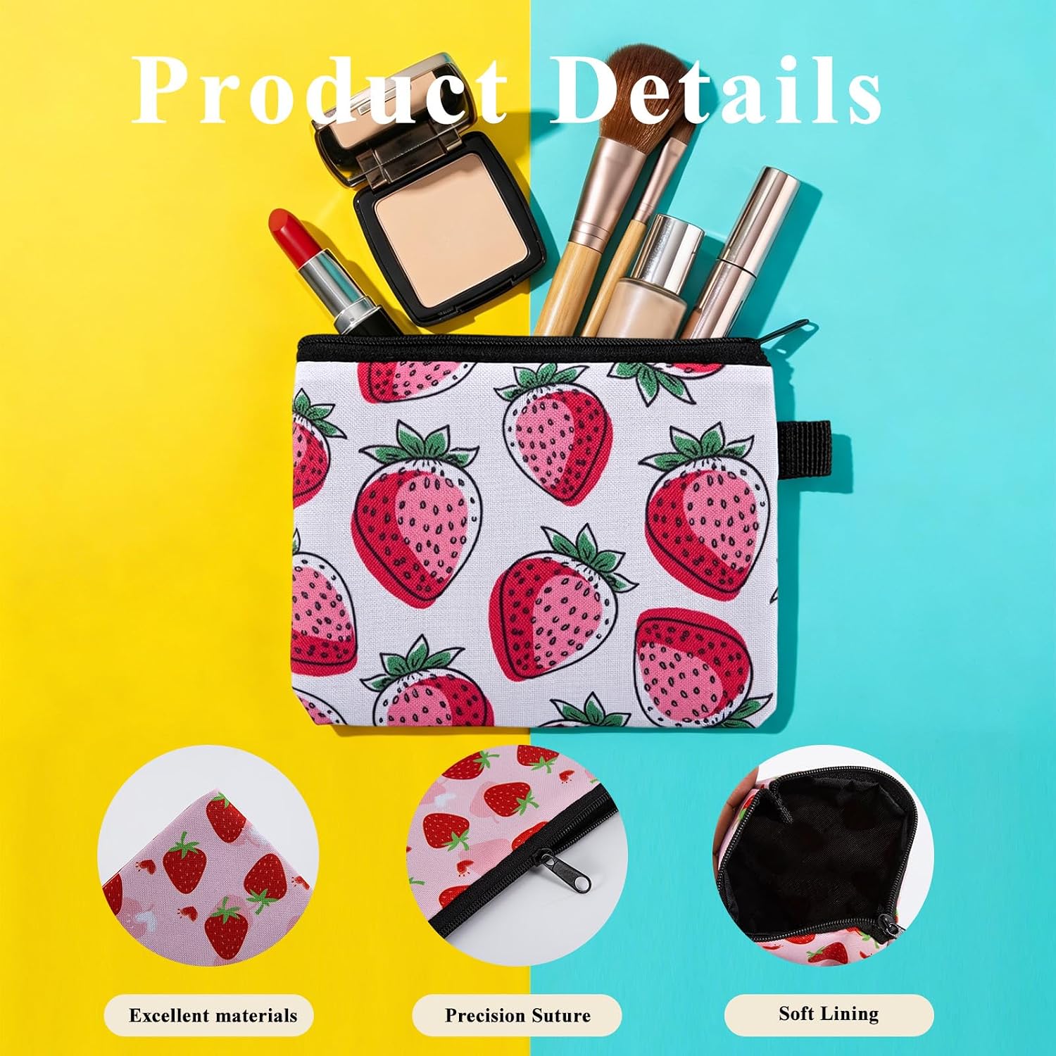 Strawberry Cute Coin Purse,Pink Small Money Pouch Wallet,Zip Canvas Travel Cosmetic Bags Pink Strawberry Gifts for Women,3 PCS