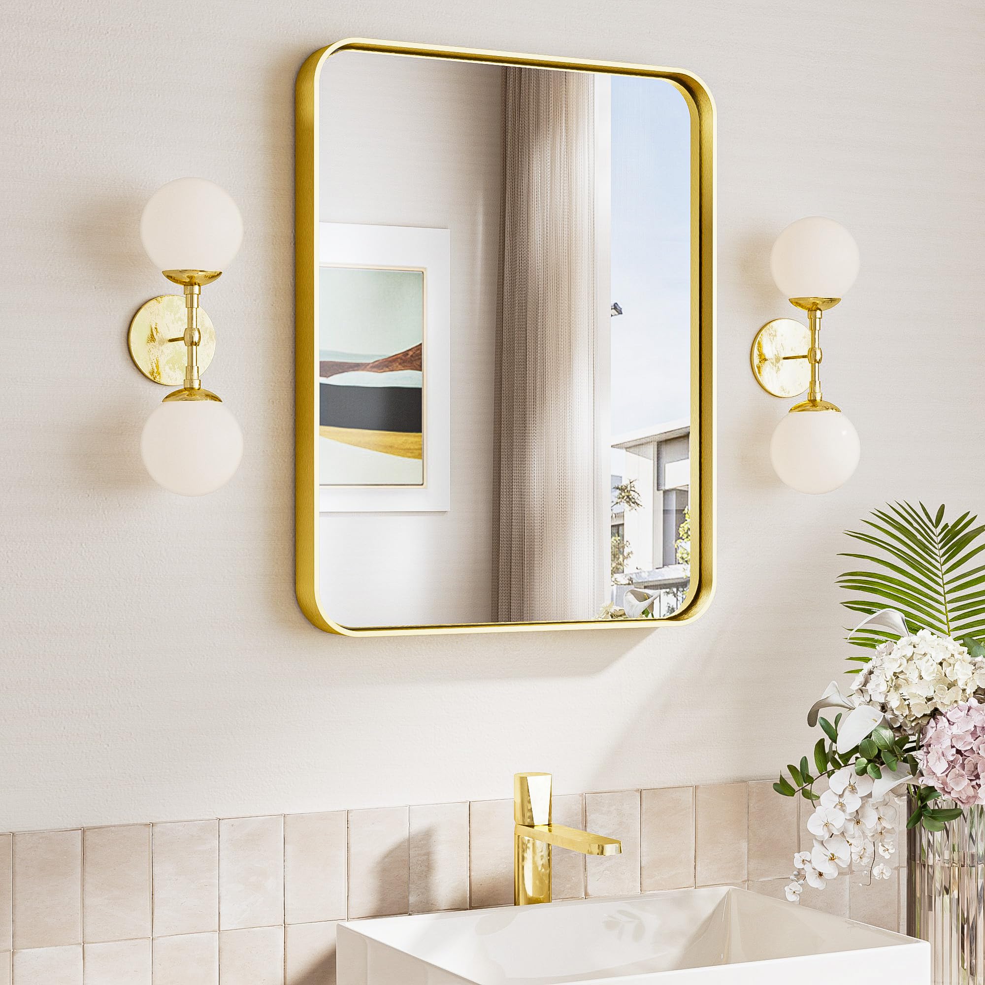 TokeShimi 16x20 Brushed Gold Bathroom Mirror,Vanity Mirror Bathroom Wall with Tempered Glass,Modern Metal Framed Mirror with Aluminum Frame(Horizontal
