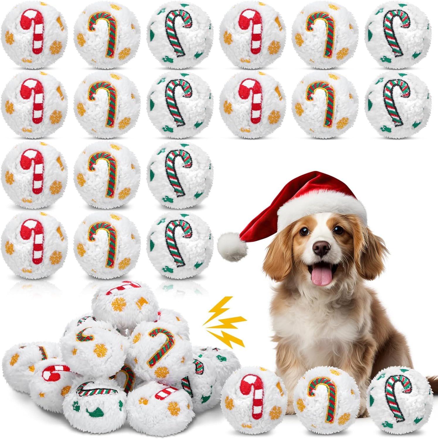 Syhood 60 Pcs Christmas Snowball Dog Toys Squeaky Christmas Snowball Fight Plush Toys for Xmas Indoor Outdoor Santa Elk for Small & Middle Pet Chew Pets Gifts (Candy Canes)