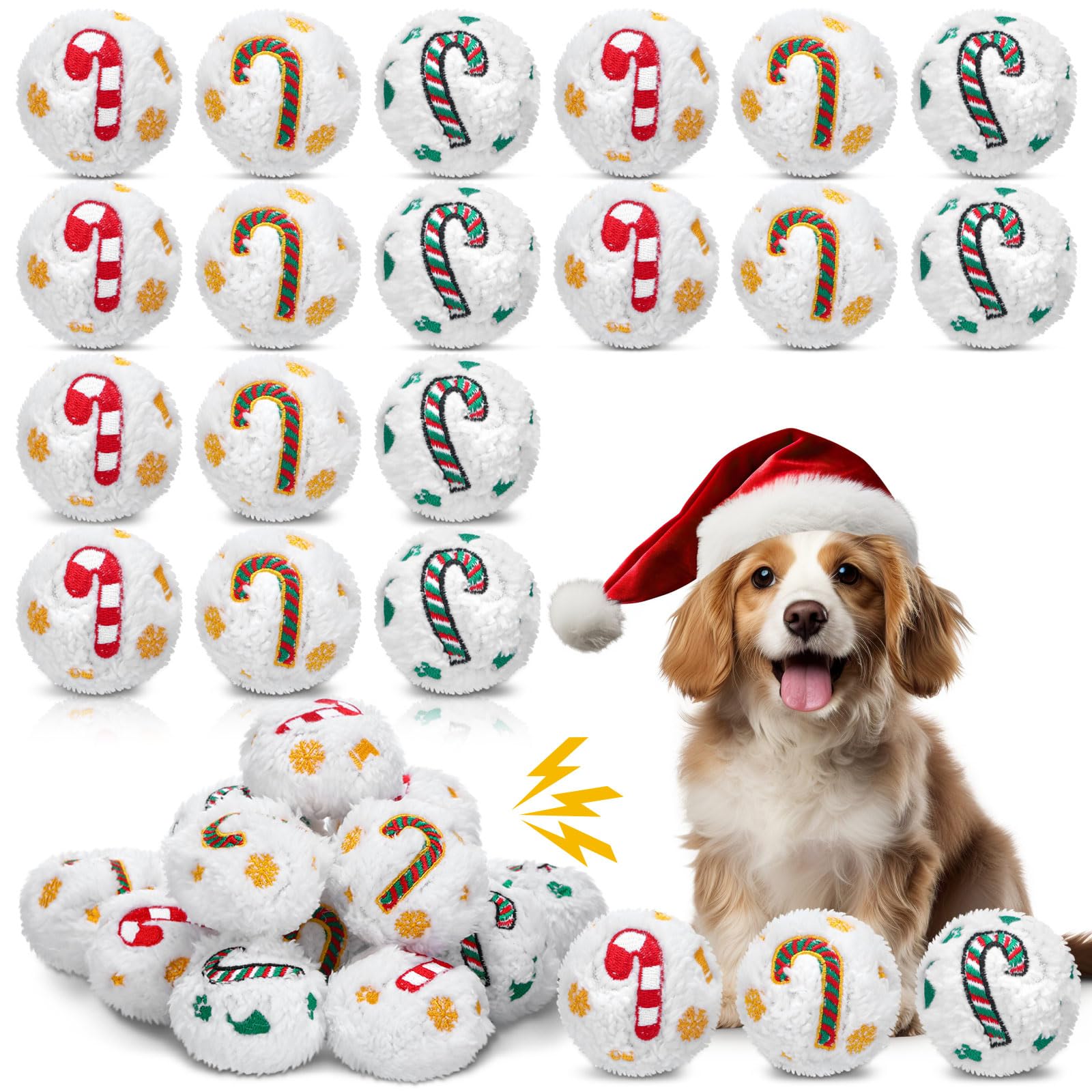 Syhood 60 Stück Weihnachts-Schneeball-Hundespielzeug, quietschend, Plüsch-Spielzeug für drinnen und draußen, Weihnachtsmann Elch für kleine und mittlere Haustiere, Kauspielzeug (Zuckerstangen)