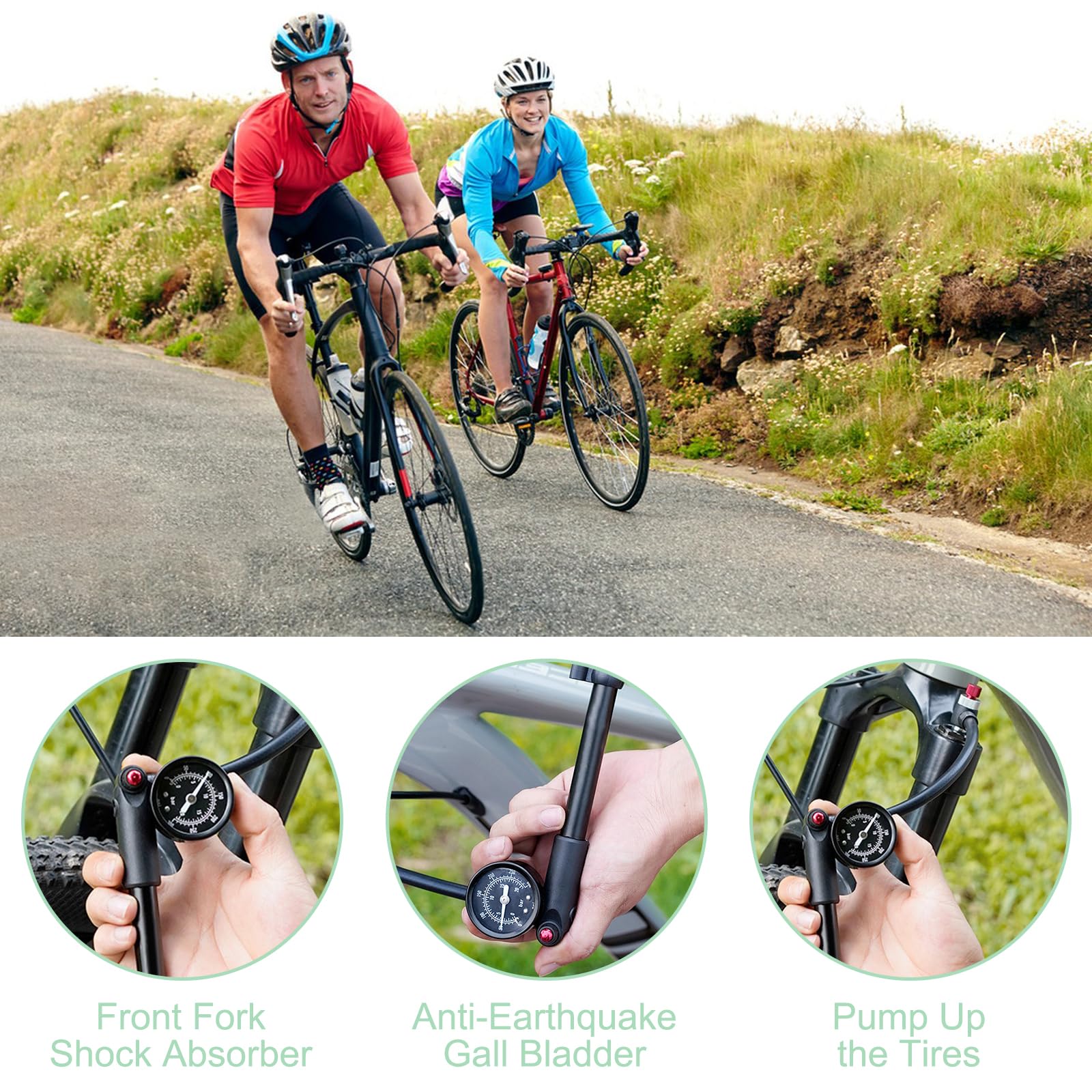 Maxentico Pompe à Vélo (Max 300 PSI), Mini Pompe Velo avec Manomètre, Pompe à Choc Haute Pression VTT, Pompes Amortisseurs avec Baromètre, Pompe à Fourche, Pompe Portable avec Bouton de Purge