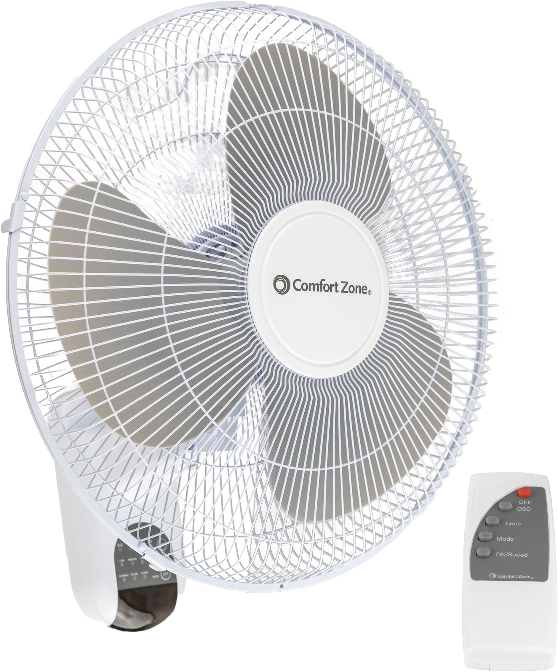 Comfort Zone 16-Inch Fan with Remote Control – Quiet 3-Speed Oscillating Indoor Fan with 90° Wide-Angle Airflow, Timer & Sleep Modes – Space-Saving Wall Fan for Bedroom, Home Gym & Office, White