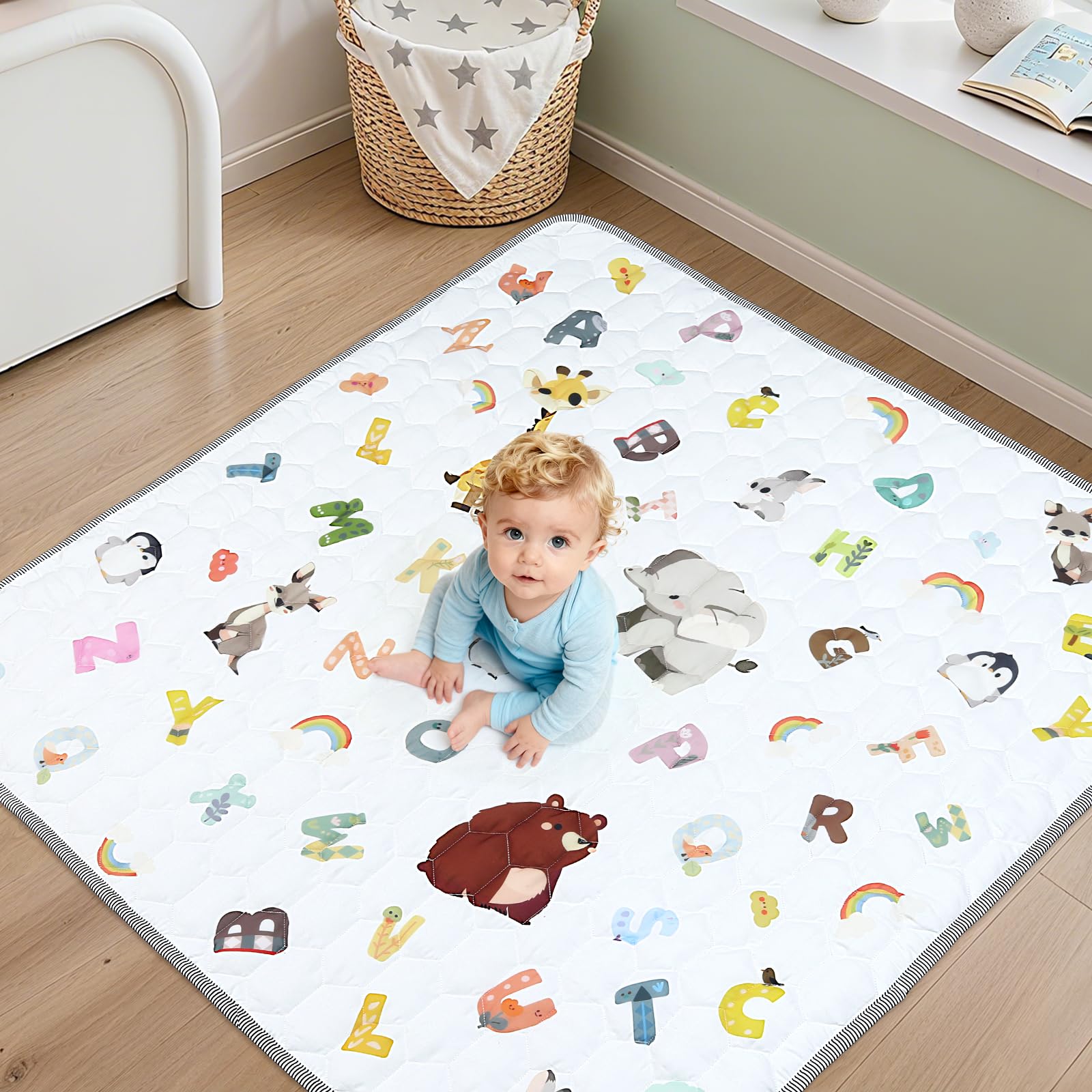 FUNYKICH Tappeto Gioco Bambini Pieghevole 150x150x1 cm,Morbido e Antiscivolo,Tappeto Neonato Gattonamento, per Camera da Letto, Soggiorno, Recinzione,Lavabile in Lavatrice