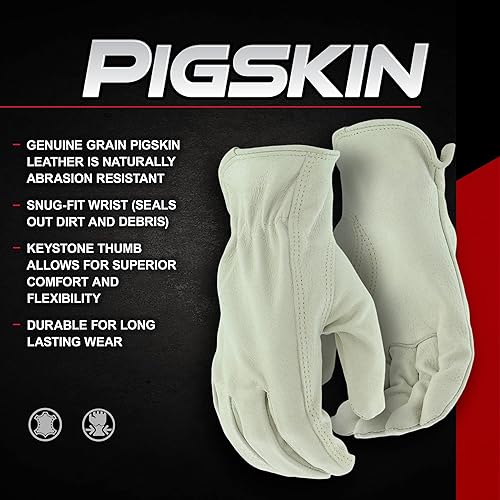 Miniatura 6 de BOSS Guantes de trabajo de cuero de cerdo para hombre, resistentes al desgarro, pulgar Keystone, muñeca elástica fruncida, blanco, XL, (B83071-XL)