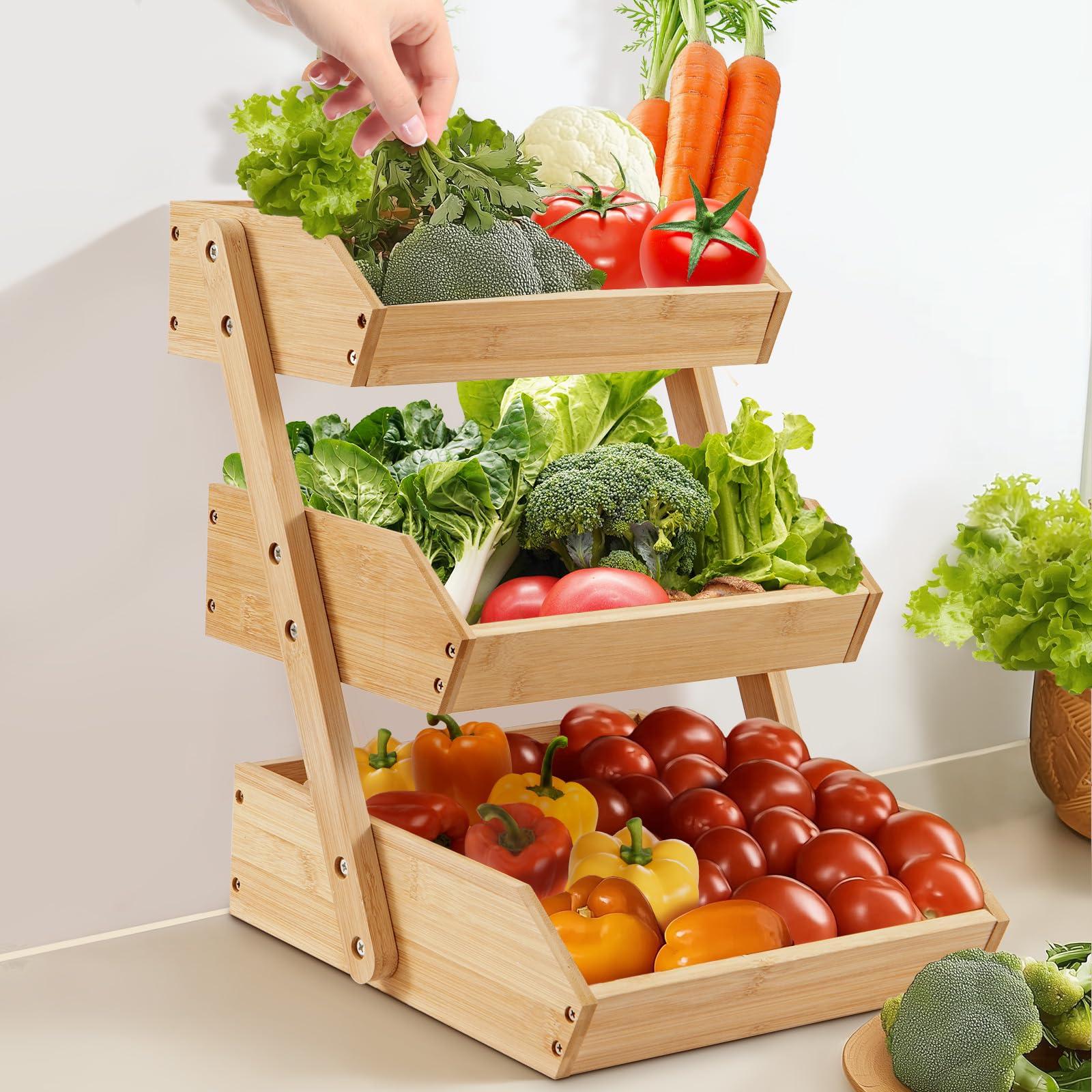 Étagère à fruits et légumes à 3 niveaux en bambou – Panier de rangement en bois pour plan de travail (fruits, légumes, pain et collations) – Support d'organisation pour (3 niveaux)