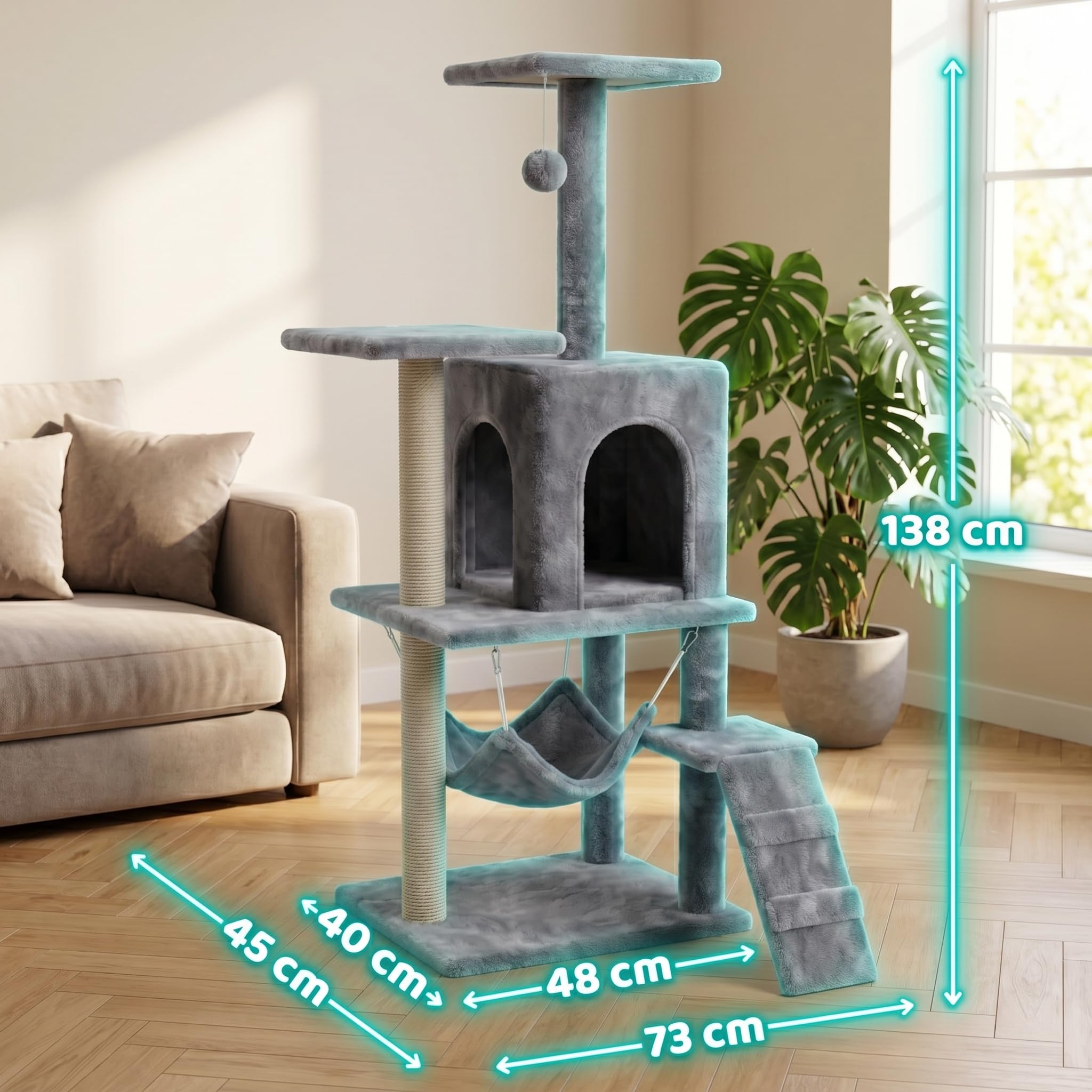 Kratzbaum mittelgroßer, Katzenbaum mit Katzenhöhle Rampe und Hängematte, Aktivitätskratzbaum mit Kratzsäule Plüschball 4 Ebenen 138 cm für Katzen grau BE-Active