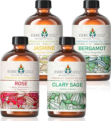 EVOKE OCCU Aceite esencial de rosa, aceite de salvia clara, aceite esencial de jazmín, aceite de bergamota, 4 onzas para cara, piel, cuerpo,