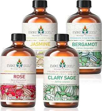 EVOKE OCCU Rose Essential Oil Clary Sage Oil Jasmine Essential Oil Bergamot Oil 4 Oz for Face Skin Body Hair Skin and Diffuser