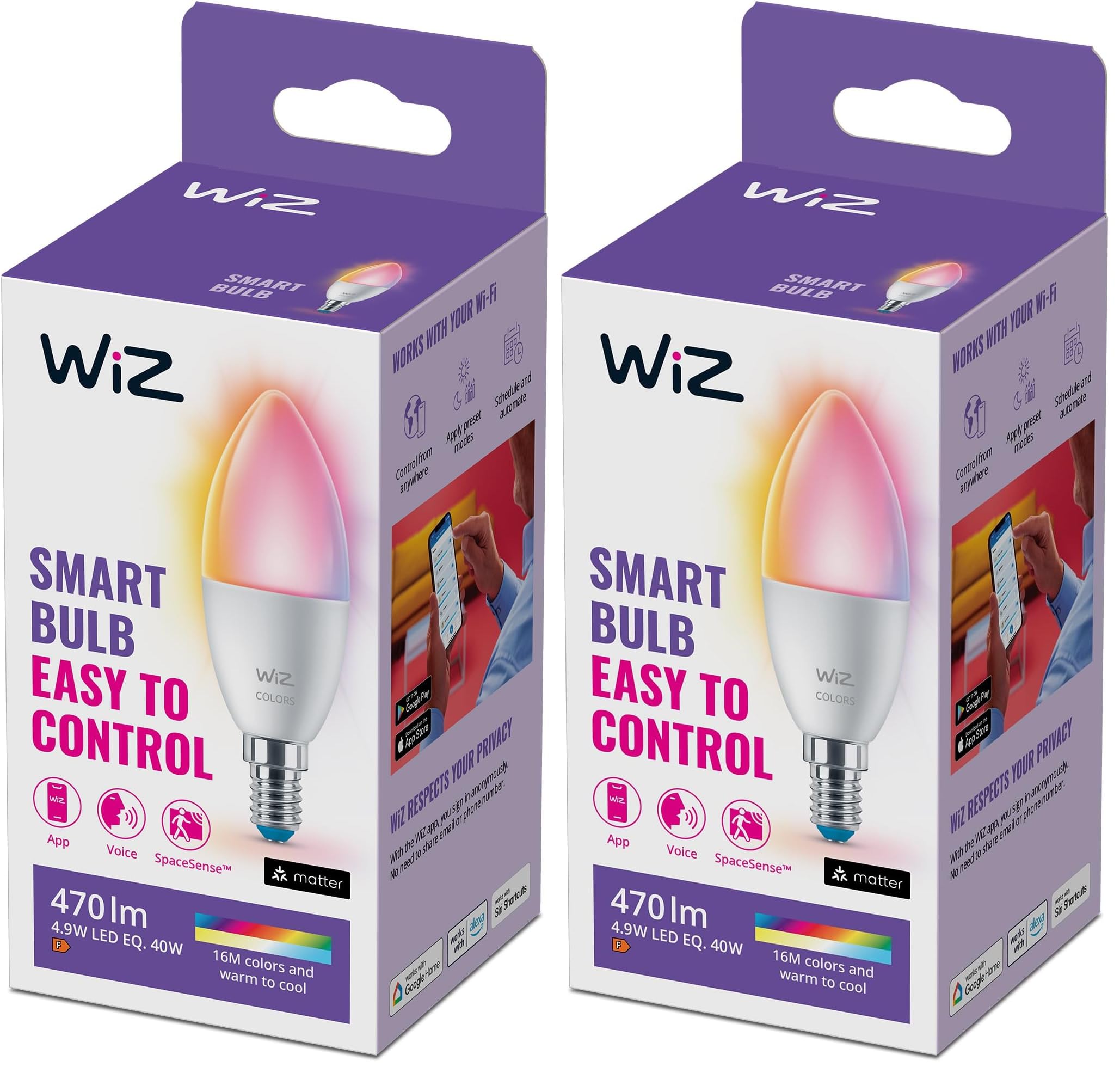 WiZ Lampadina Smart WiFi, Luce Bianca o Colorata Dimmerabile, E14, 40 W, Tecnologia SpaceSense, Controllo Vocale (Alexa, Apple HomeKit, Google Home) (Confezione da 2)