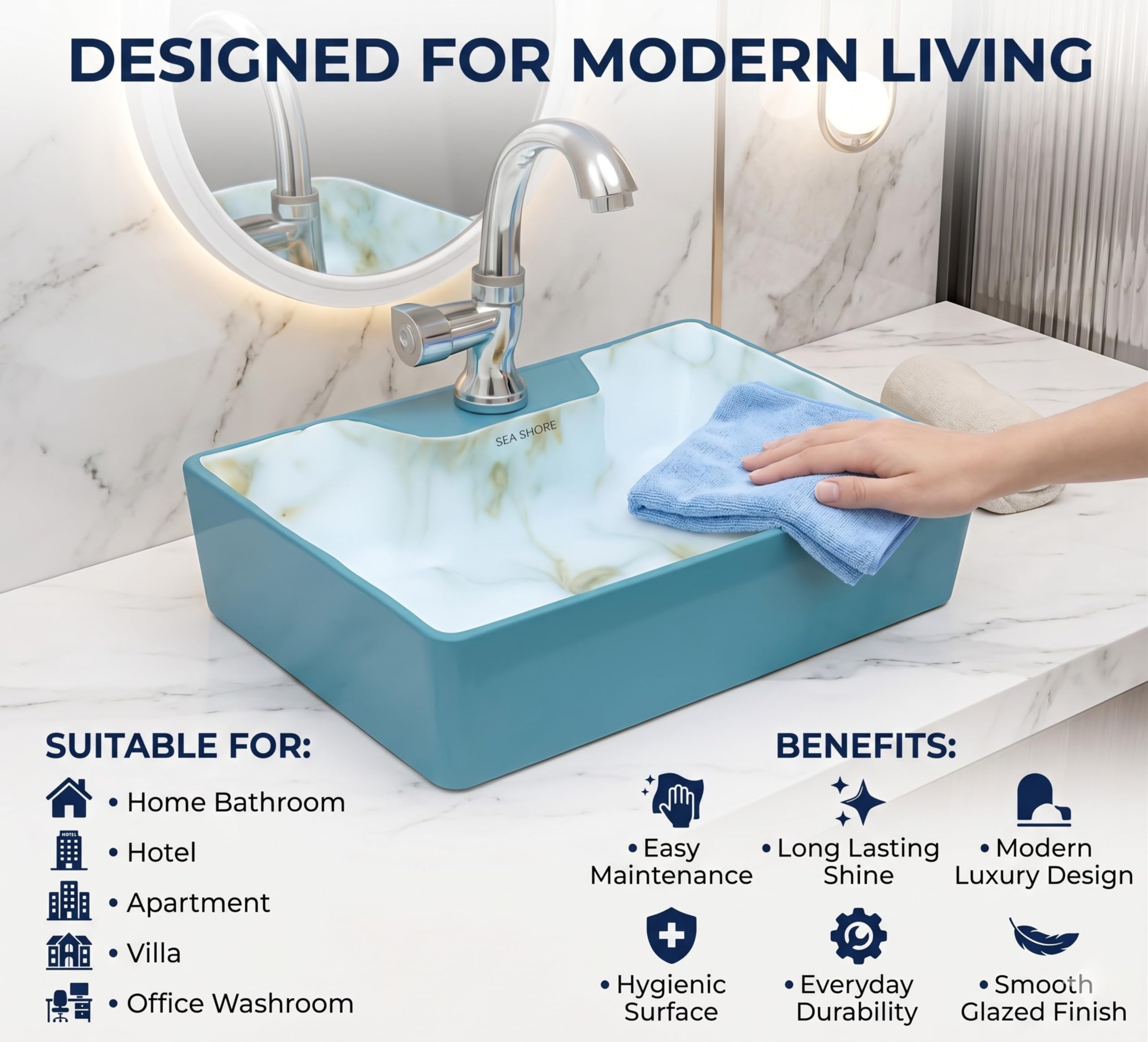 SEA SHORE Premium Ceramic Table Top Wash Basin β Slim Rim Vessel Sink for Bathroom/Living Room (20 x 15 x 5.5 Inch, Cyan & White) 3