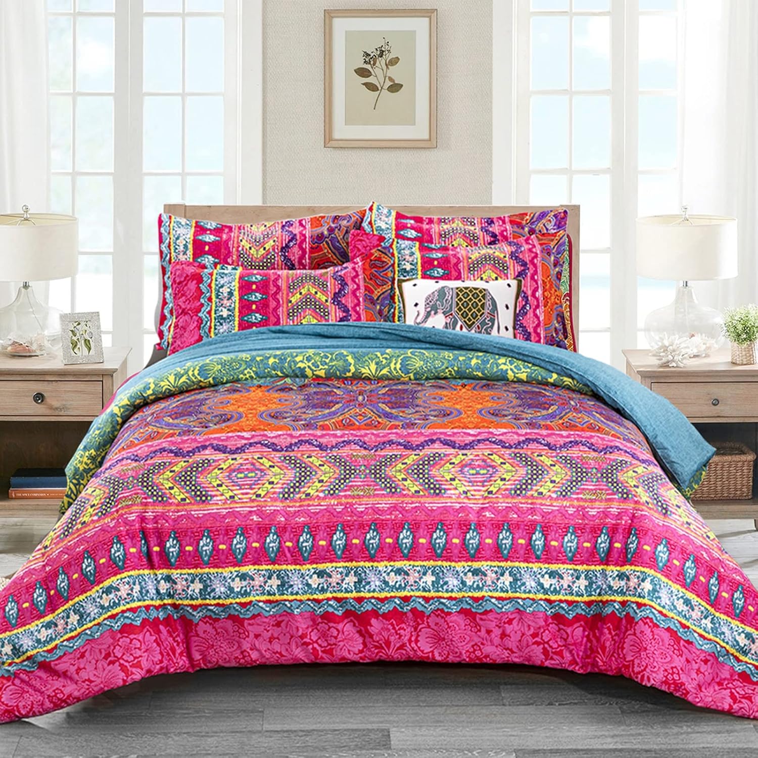 WONGS BEDDING Bohemian Comforter Set Queen, Ultra Soft Microfiber Reversible Boho Alternative Comforter Set - 3 Pieces (1 Solid Comforter + 2 Pillowcases), Bedding Duvet Set for Queen Bed - Image 7