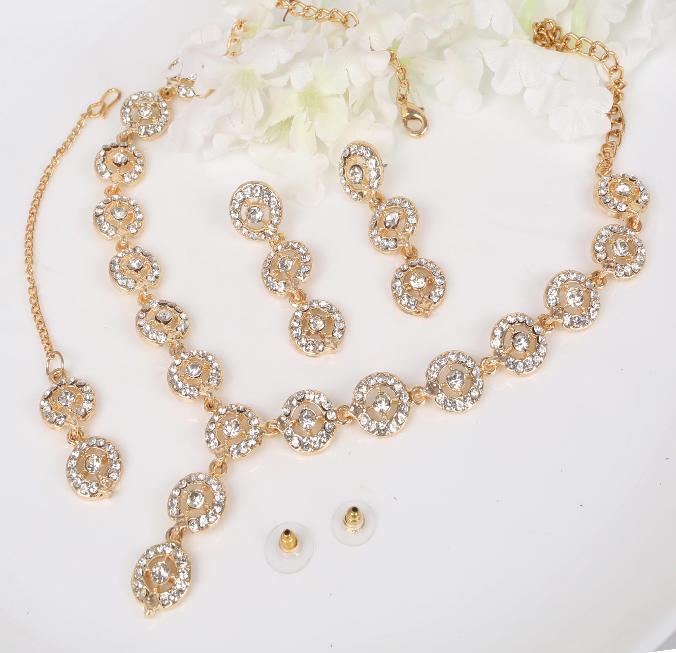 Sunsoul Von Touchstone Indisches Bollywood-Halsketten-Set mit funkelnden Strasssteinen, eleganter Designer-Schmuck, Brautschmuck-Set in Gold- oder Weißton für Damen.