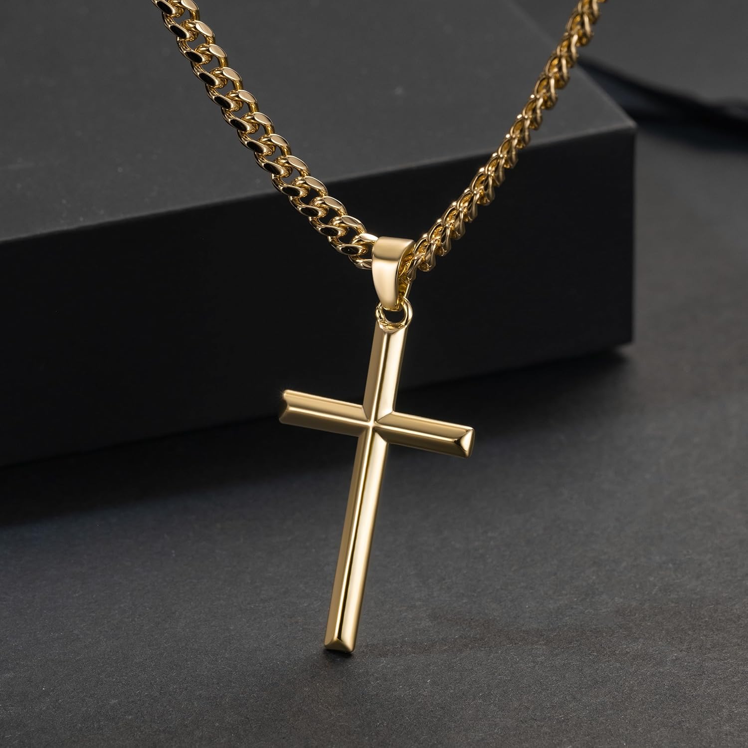 NICRET Gold Cross Necklace for Men 14K Cross Pendant for Men Simple Angular Edges with 4mm Cuban Chain Mens Crosses Chain - Image 5