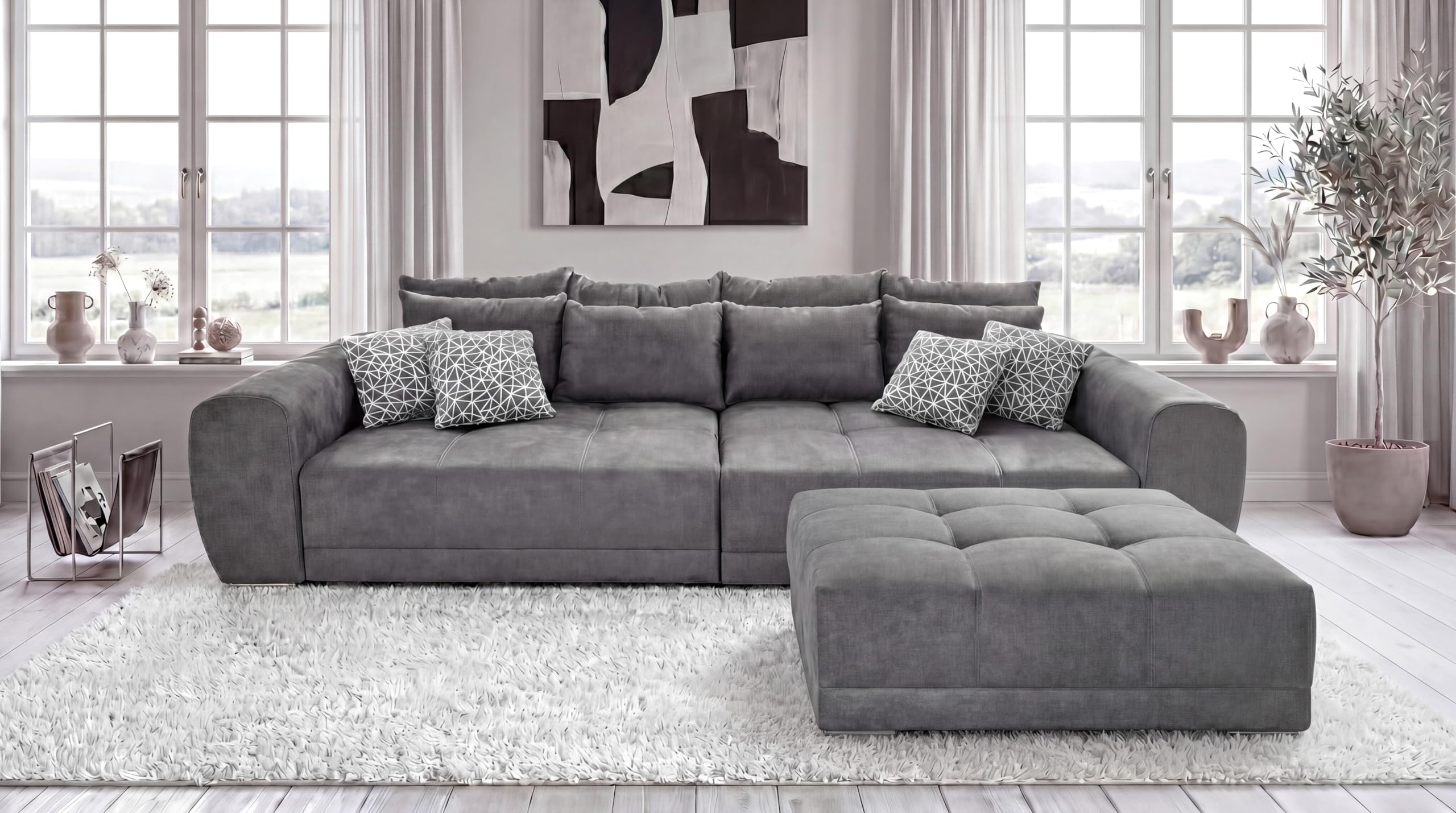 luma-Home 15114/ Big-Sofa XXL Lounge Couch, Mikrofaserstoff Grau | B306/T134/H86 cm, Federkernpolsterung, viele Kissen, Liegefläche 120x240 cm