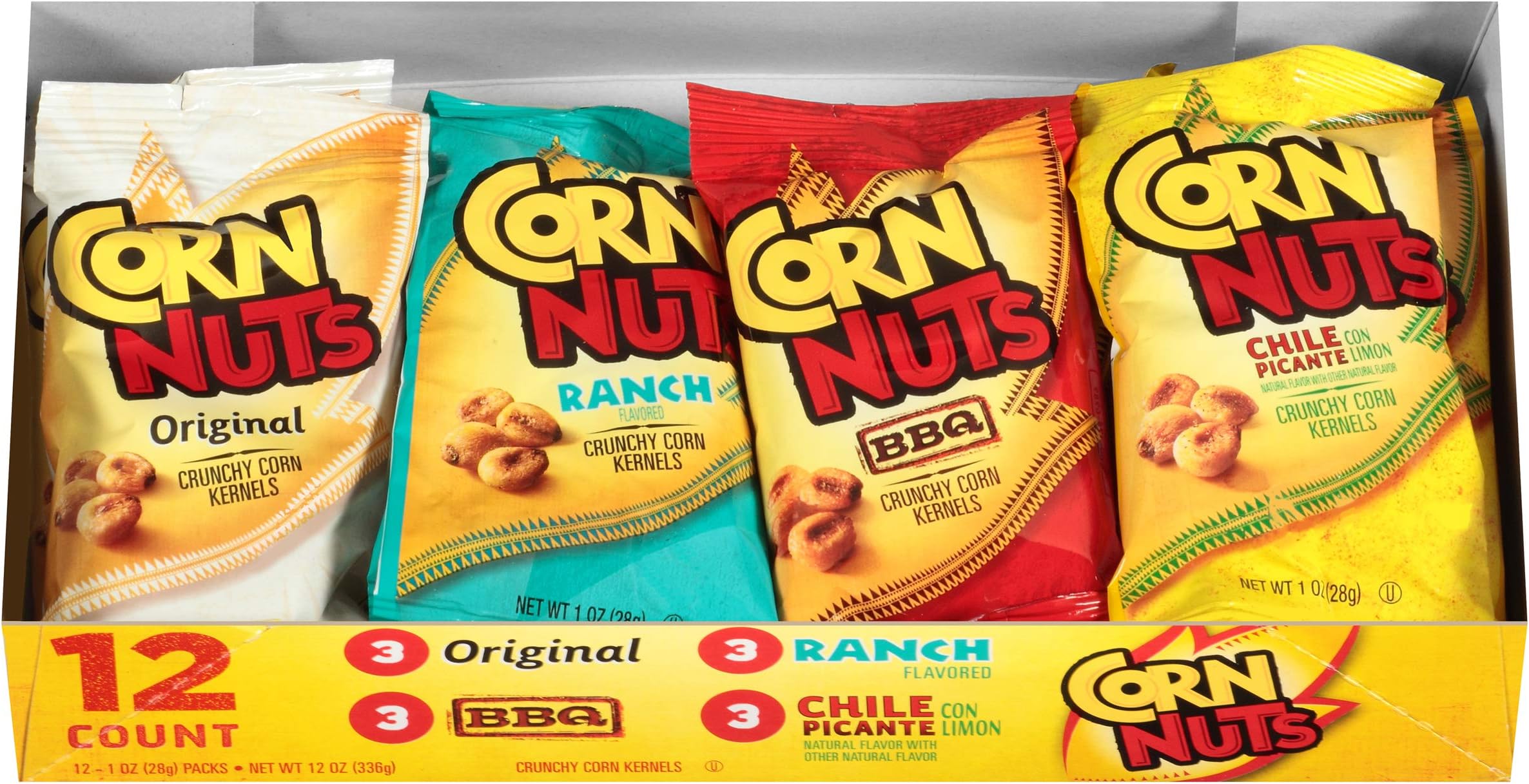 Corn Nuts Original, Ranch, BBQ, Chile Picante con Limon Crunchy Corn Kernels Variety Pack (1 oz Bags, Pack of 12)