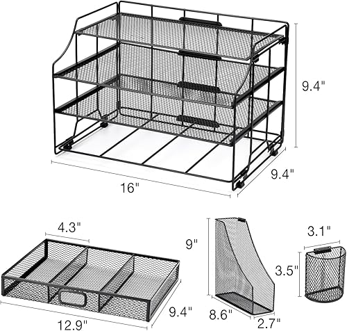Miniatura 5 de NCXTKJ Organizador de escritorio con soporte para archivos, organizador de bandeja de papel de 4 niveles con cajón y 2 soportes para bolígrafos,